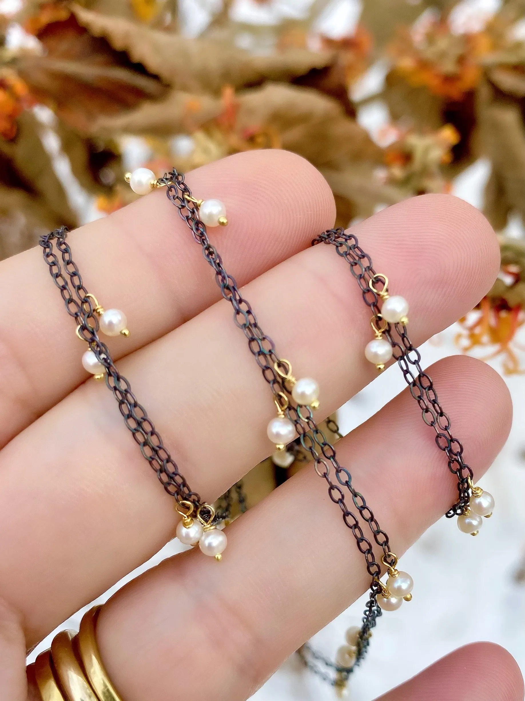 Delicate, scattered Pearl Necklace, Silver & Gold