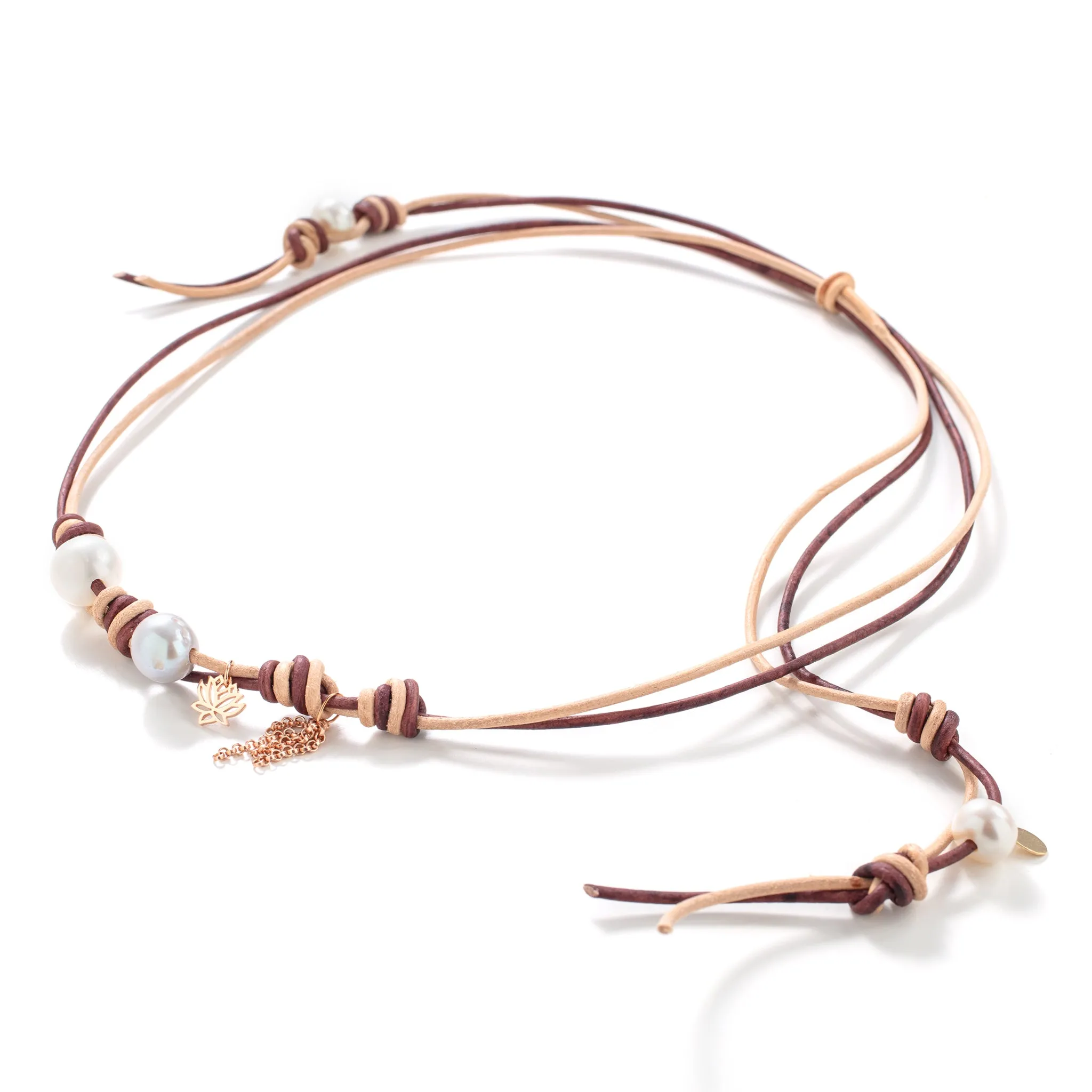 Desert Sand Pearl Rocker Rose Gold Flower Chain Leather Necklace