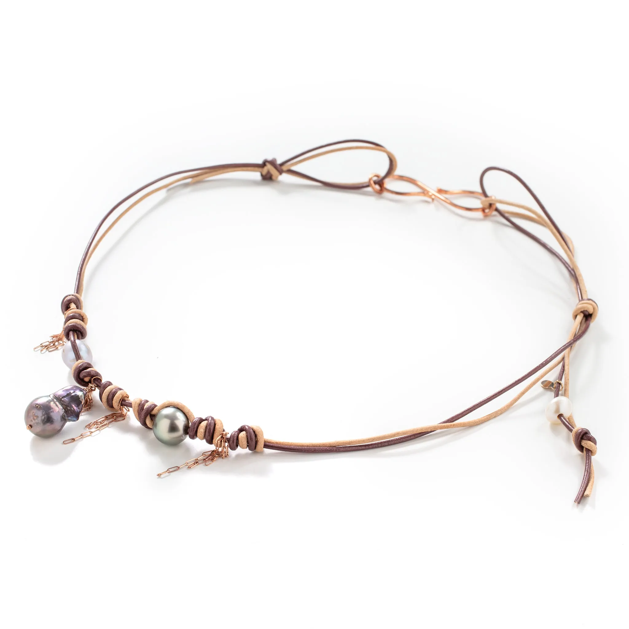Desert Sand Rockstar South Sea Pearl and Rose Gold Chain Leather Necklace