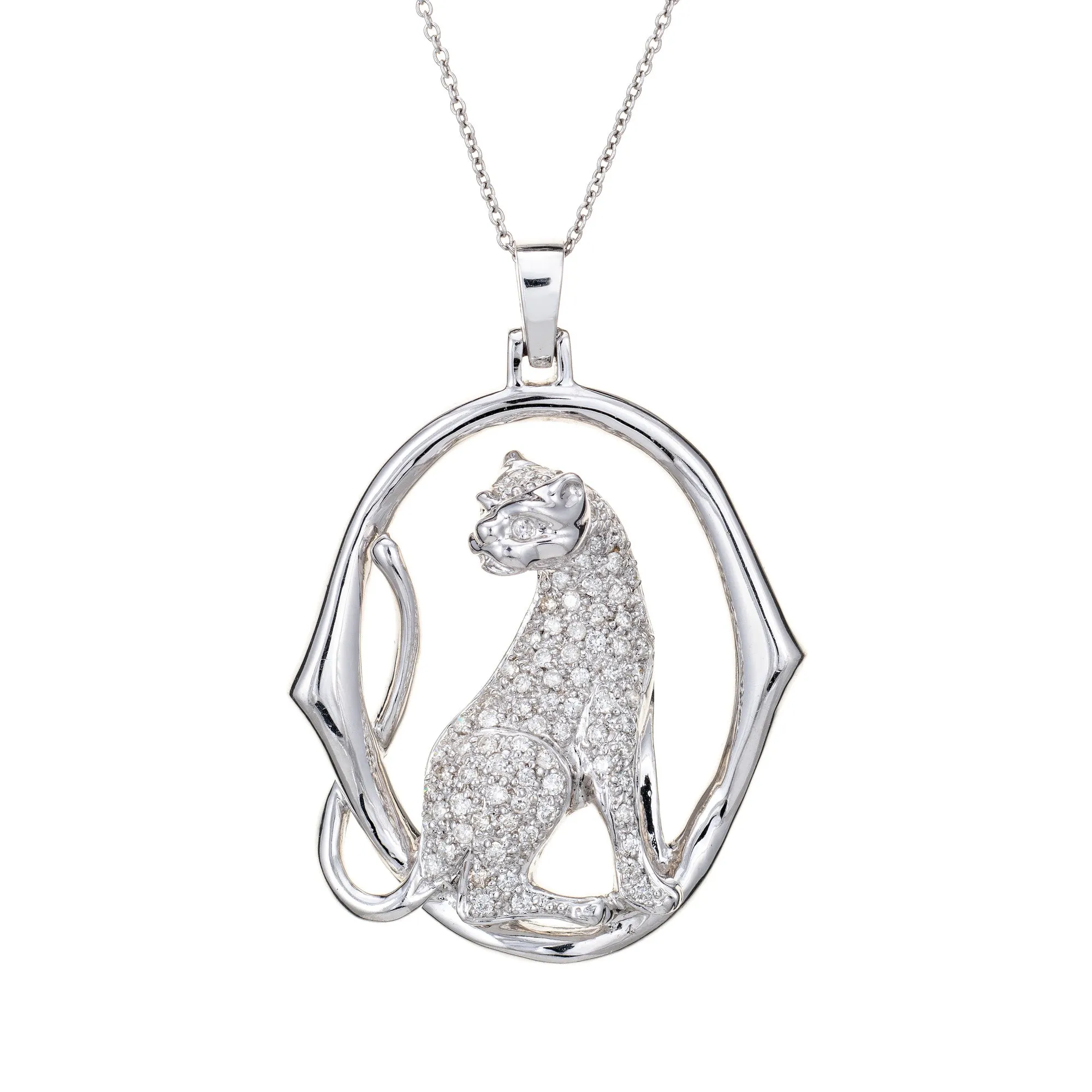 Diamond Cougar Necklace Vintage 18k White Gold Estate Fine Animal Jewelry