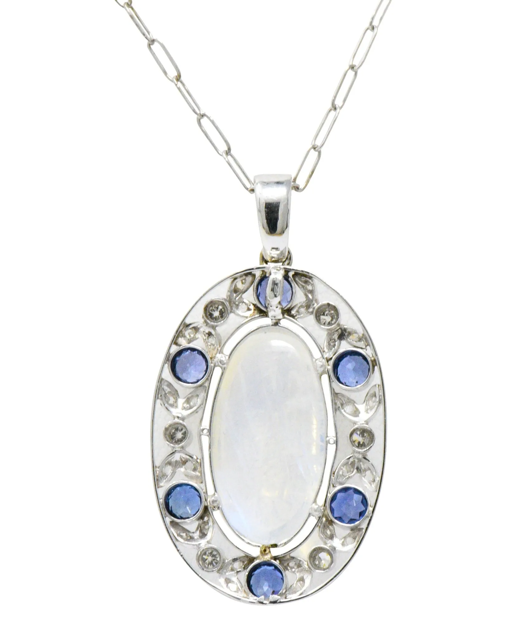 Edwardian 11.80 CTW Moonstone Sapphire Diamond Platinum Pendant Necklace