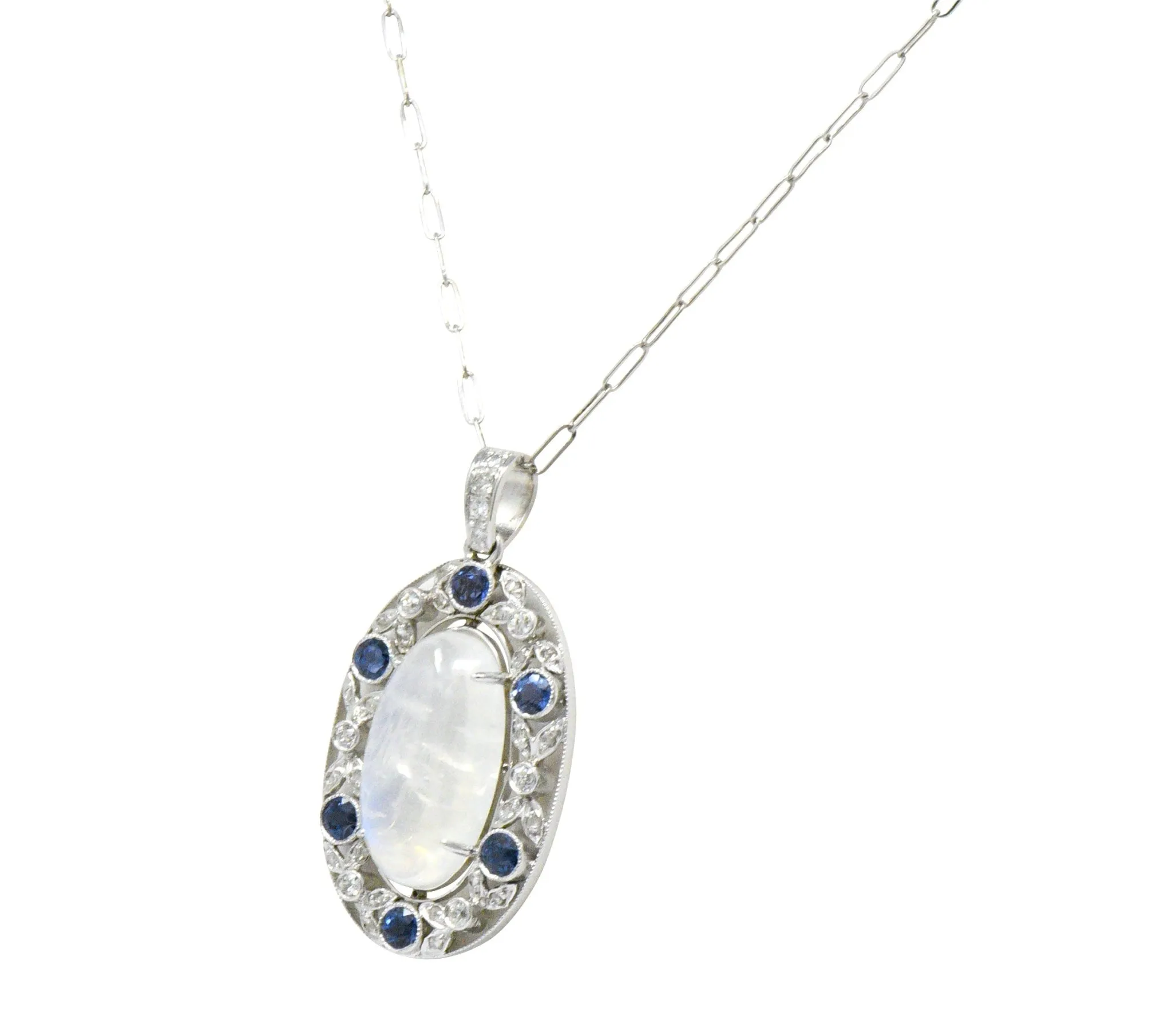 Edwardian 11.80 CTW Moonstone Sapphire Diamond Platinum Pendant Necklace