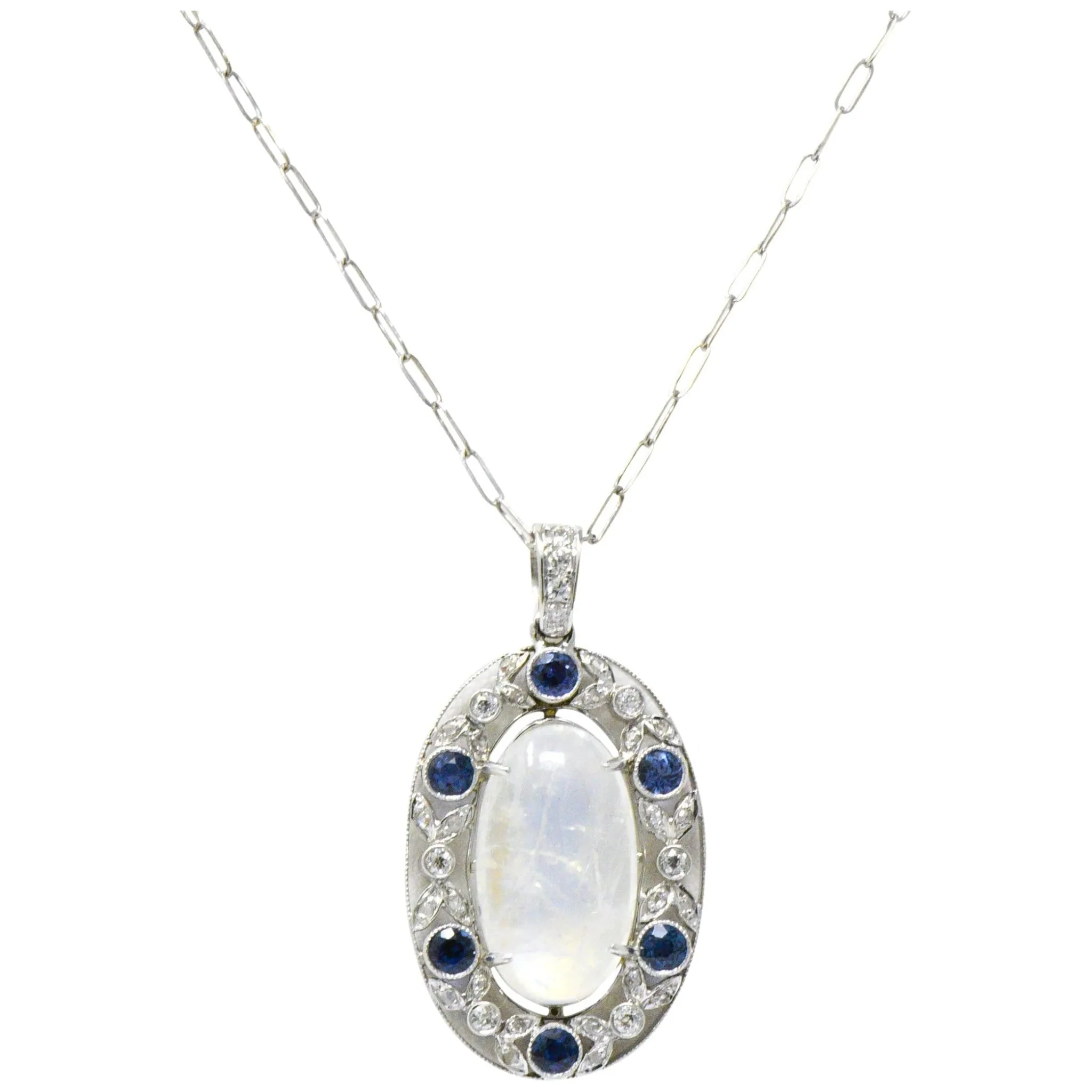 Edwardian 11.80 CTW Moonstone Sapphire Diamond Platinum Pendant Necklace