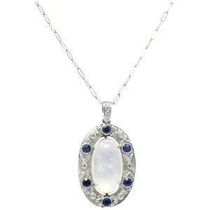 Edwardian 11.80 CTW Moonstone Sapphire Diamond Platinum Pendant Necklace