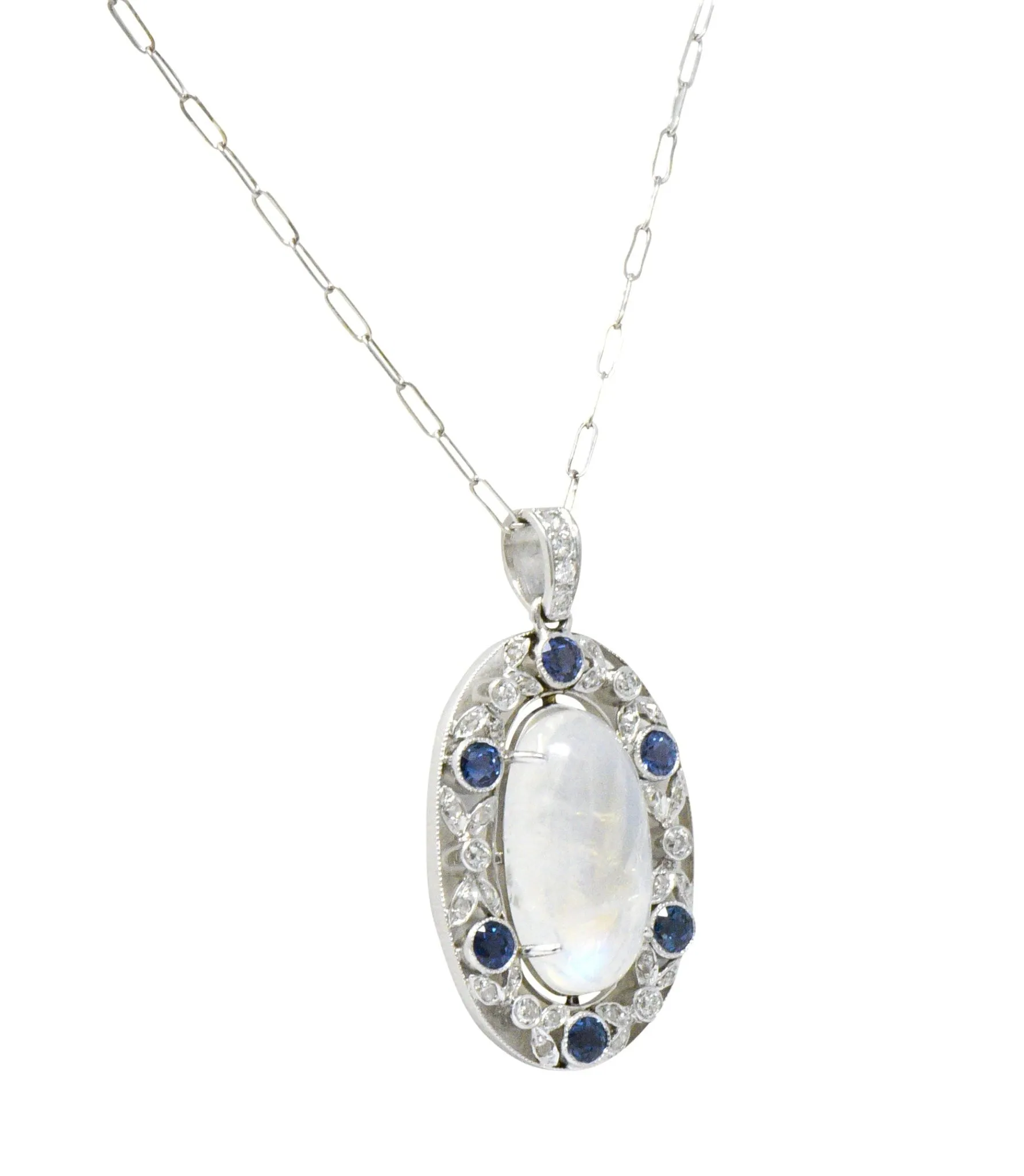 Edwardian 11.80 CTW Moonstone Sapphire Diamond Platinum Pendant Necklace