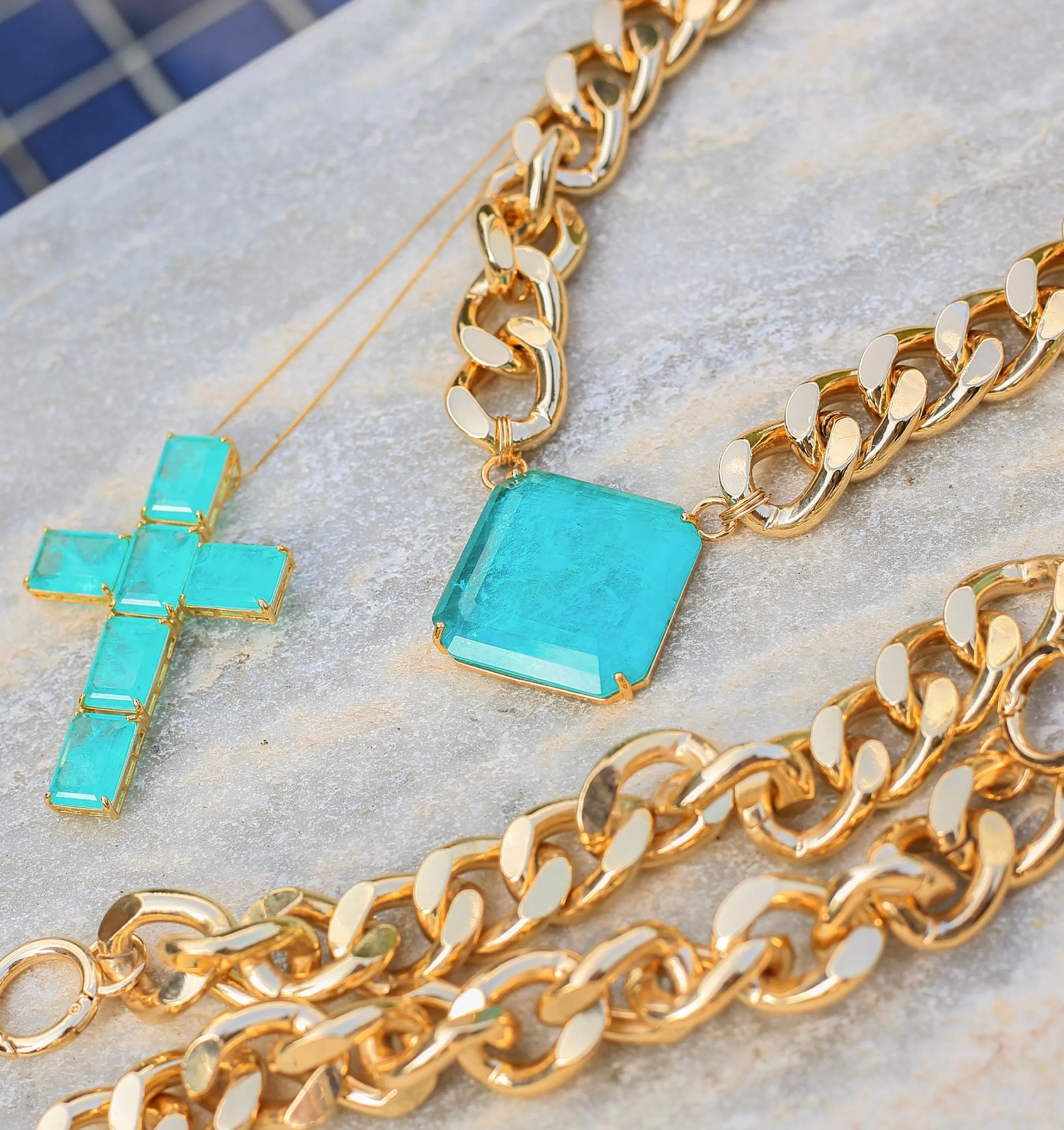 Elegant 18K Gold Plated Paraiba Tourmaline Cross Necklace