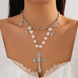 Elegant Layered Silver Plated Star Cross Pendant Pearl Chain Necklace