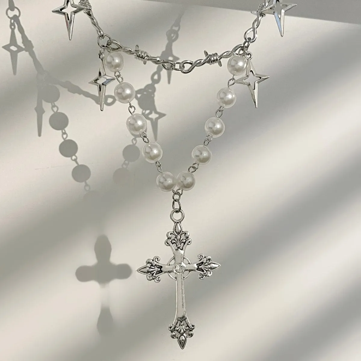 Elegant Layered Silver Plated Star Cross Pendant Pearl Chain Necklace
