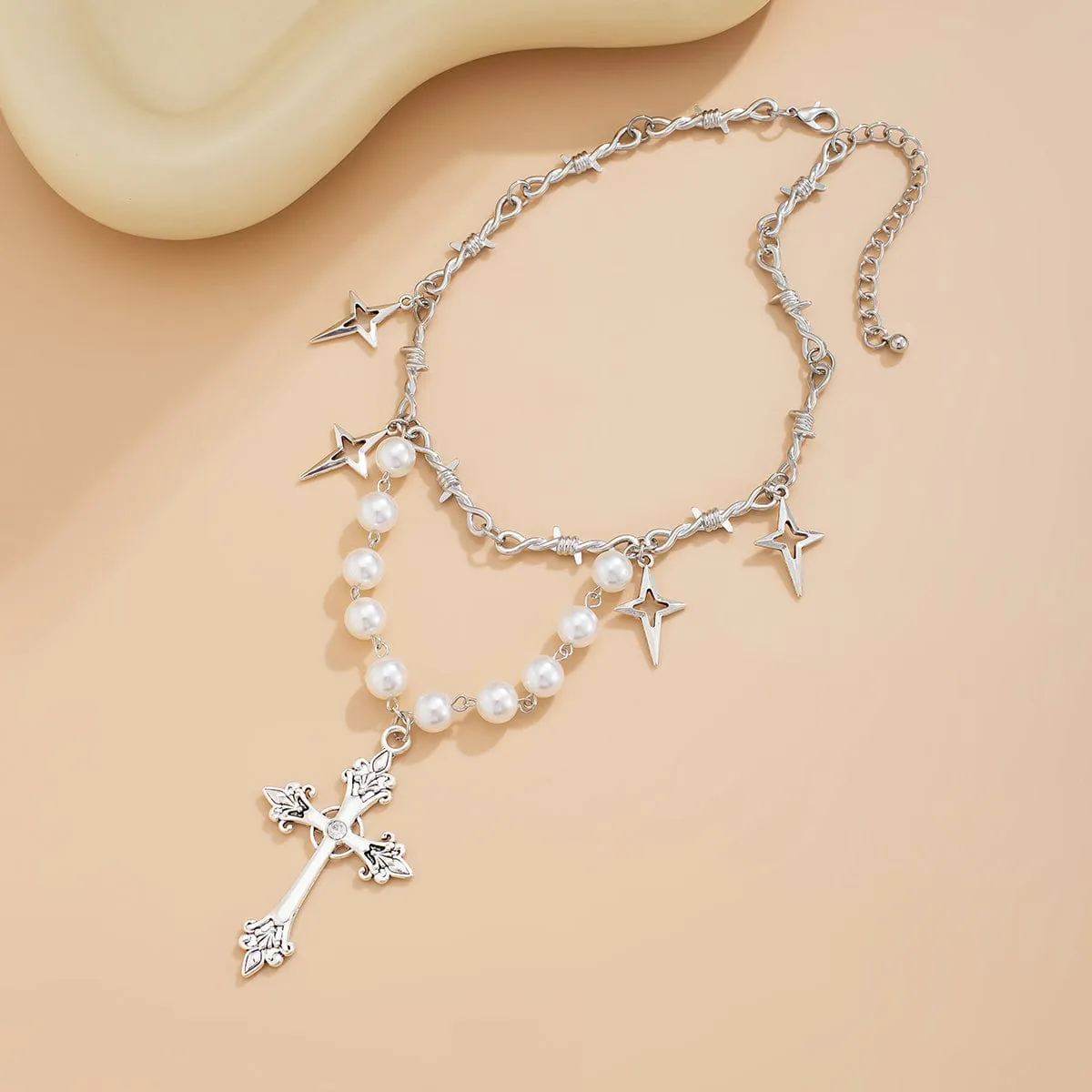 Elegant Layered Silver Plated Star Cross Pendant Pearl Chain Necklace