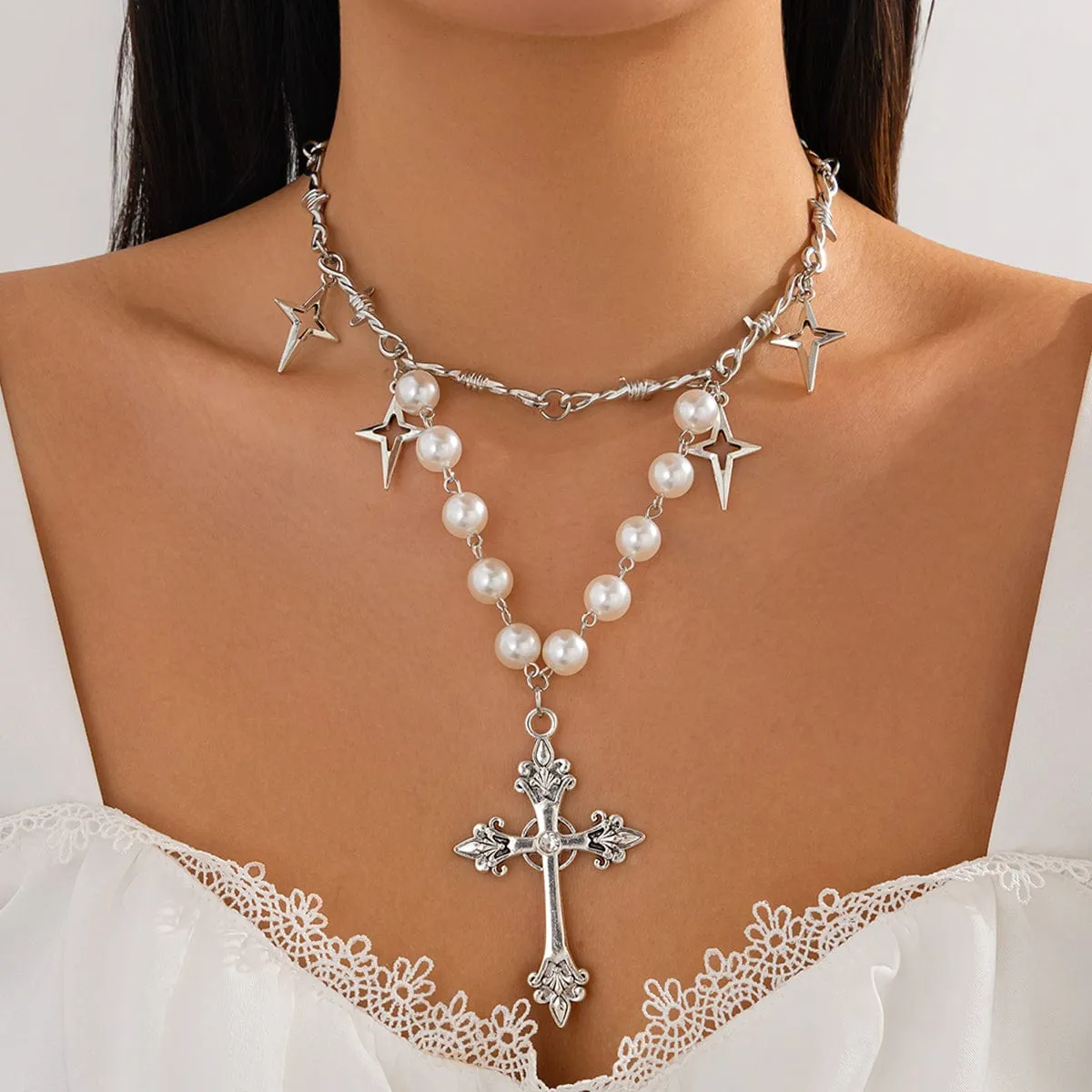 Elegant Layered Silver Plated Star Cross Pendant Pearl Chain Necklace