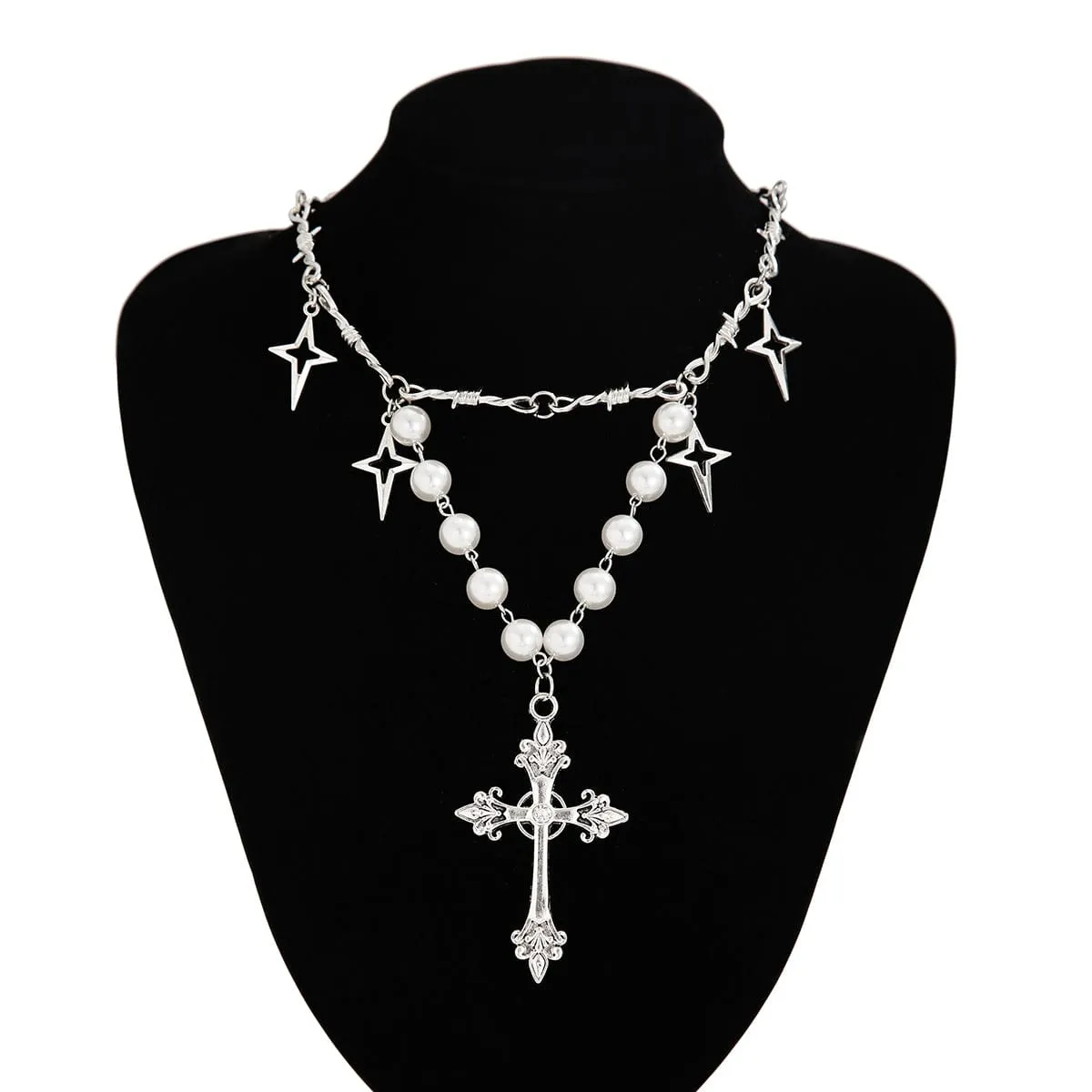 Elegant Layered Silver Plated Star Cross Pendant Pearl Chain Necklace
