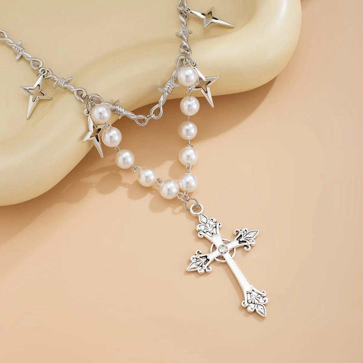 Elegant Layered Silver Plated Star Cross Pendant Pearl Chain Necklace