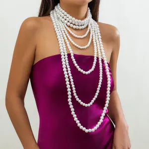 Elegant Multi-Layered Long Pearl Chain Necklace Set