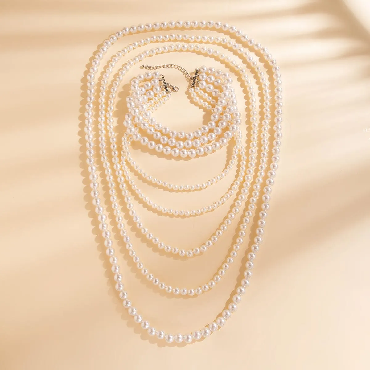 Elegant Multi-Layered Long Pearl Chain Necklace Set