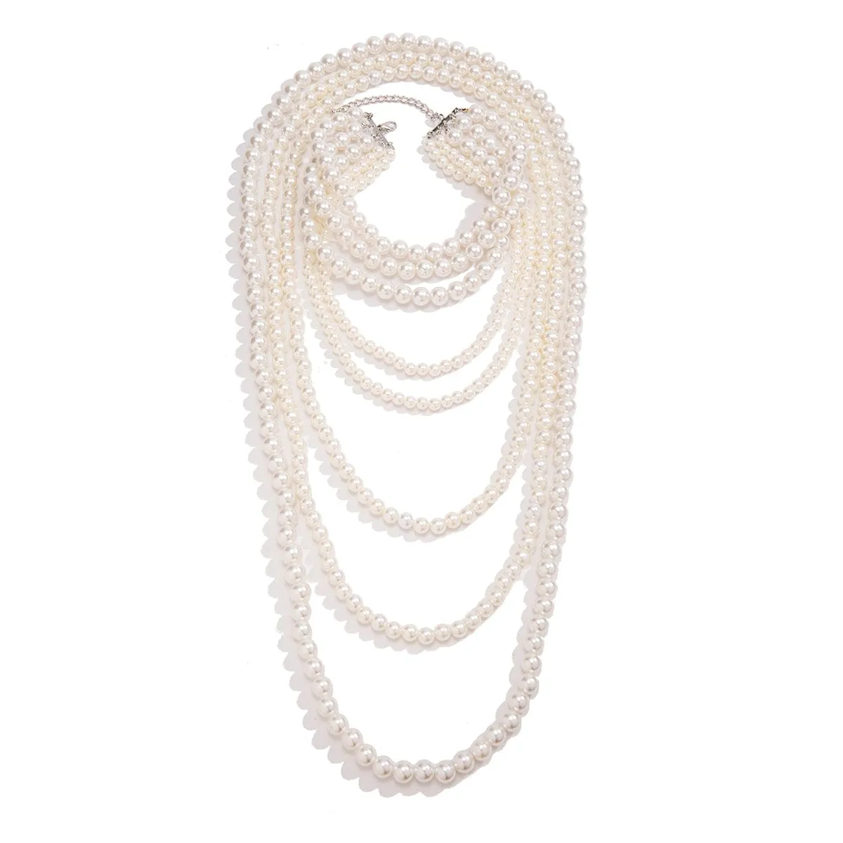 Elegant Multi-Layered Long Pearl Chain Necklace Set