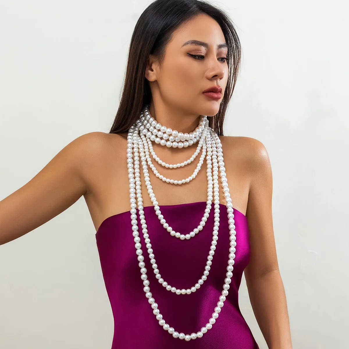 Elegant Multi-Layered Long Pearl Chain Necklace Set