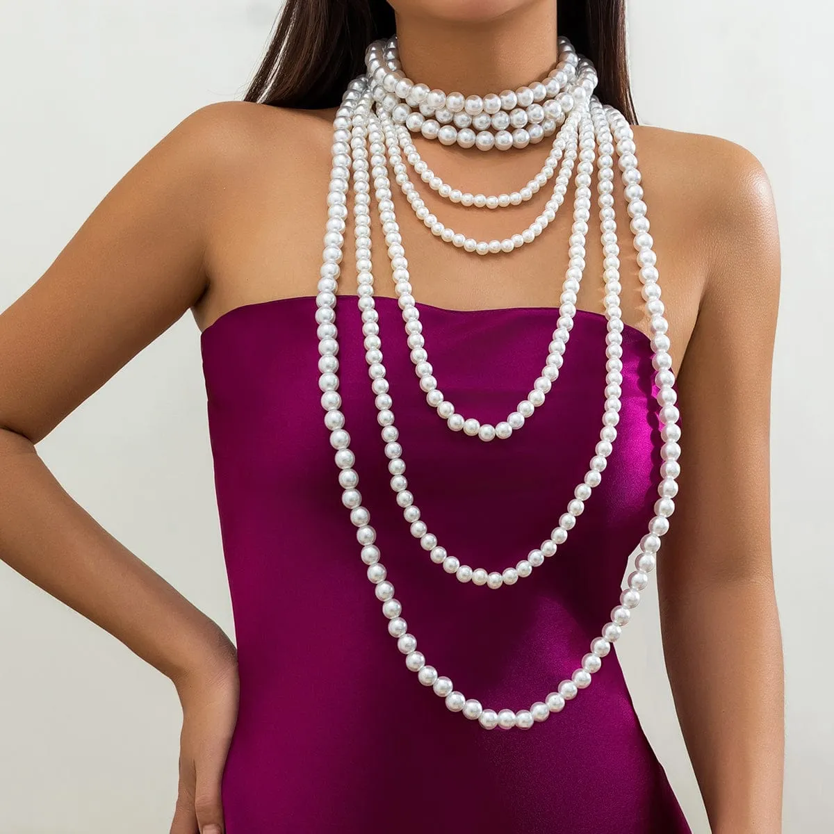 Elegant Multi-Layered Long Pearl Chain Necklace Set