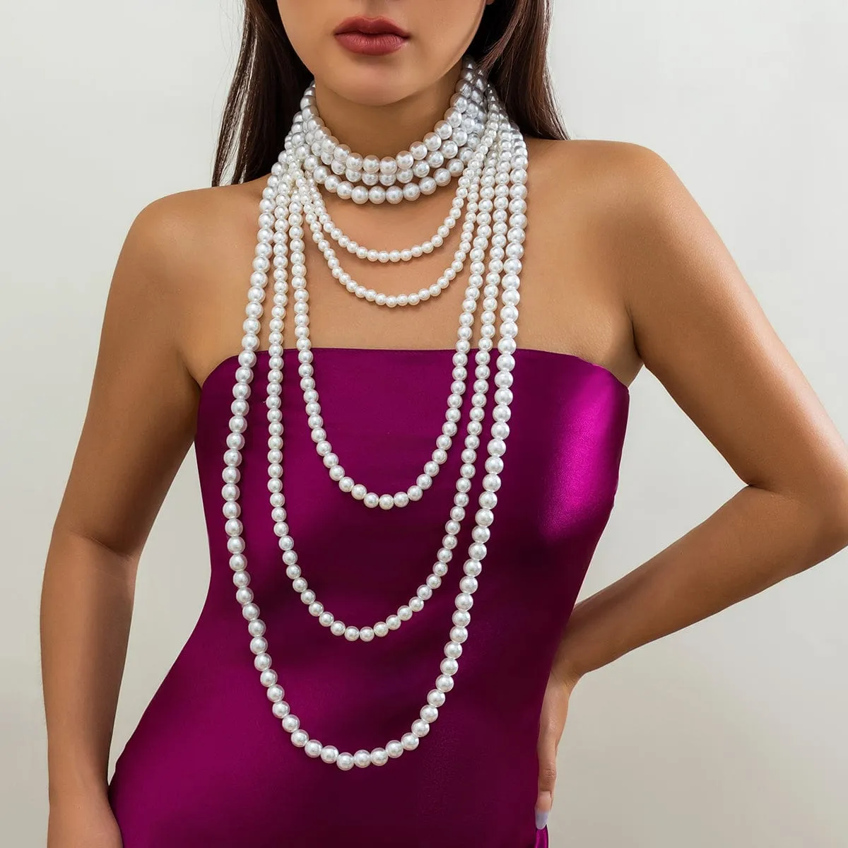 Elegant Multi-Layered Long Pearl Chain Necklace Set