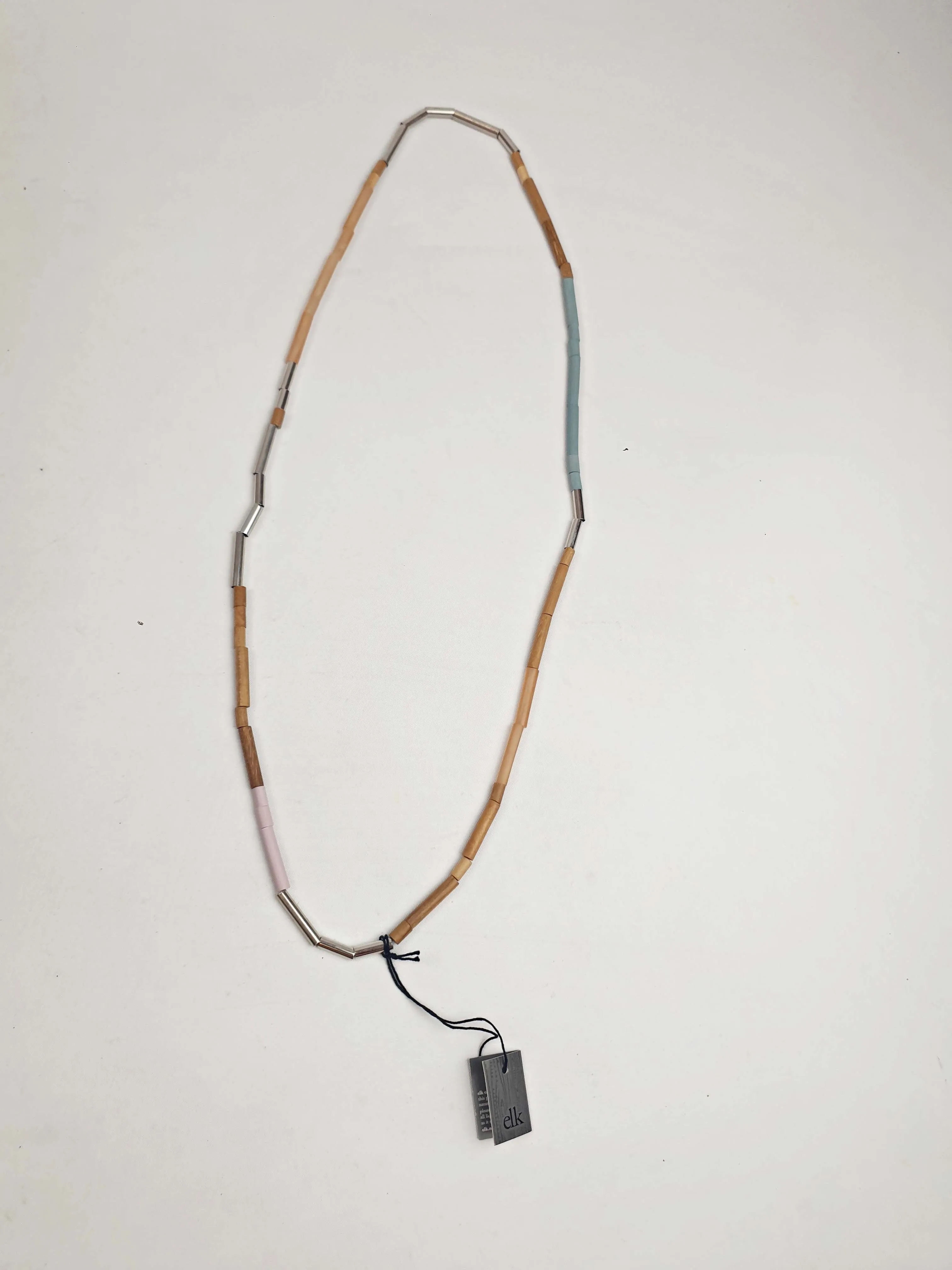 Elk wood, silver and colourful long thin beaded necklace