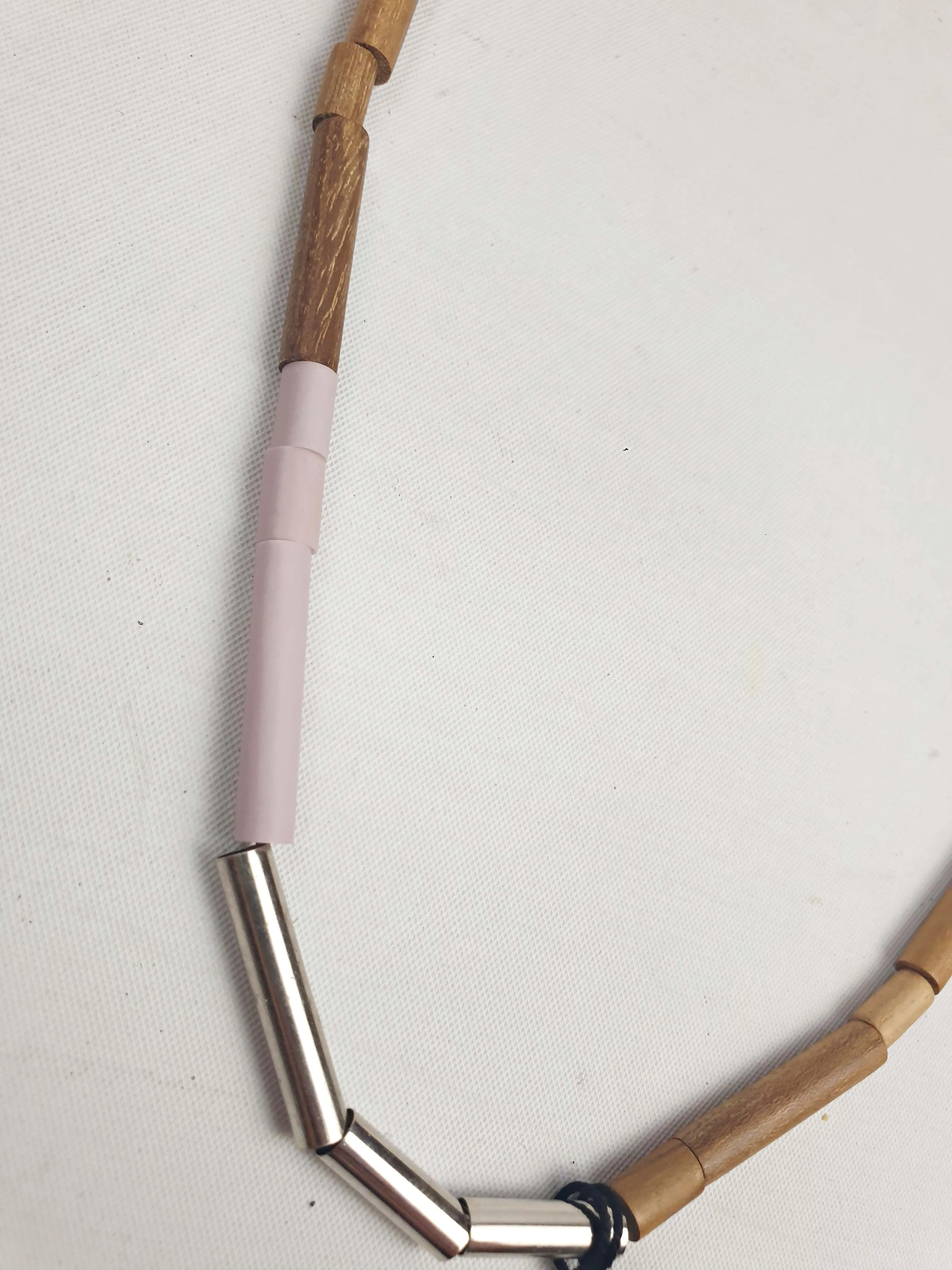 Elk wood, silver and colourful long thin beaded necklace