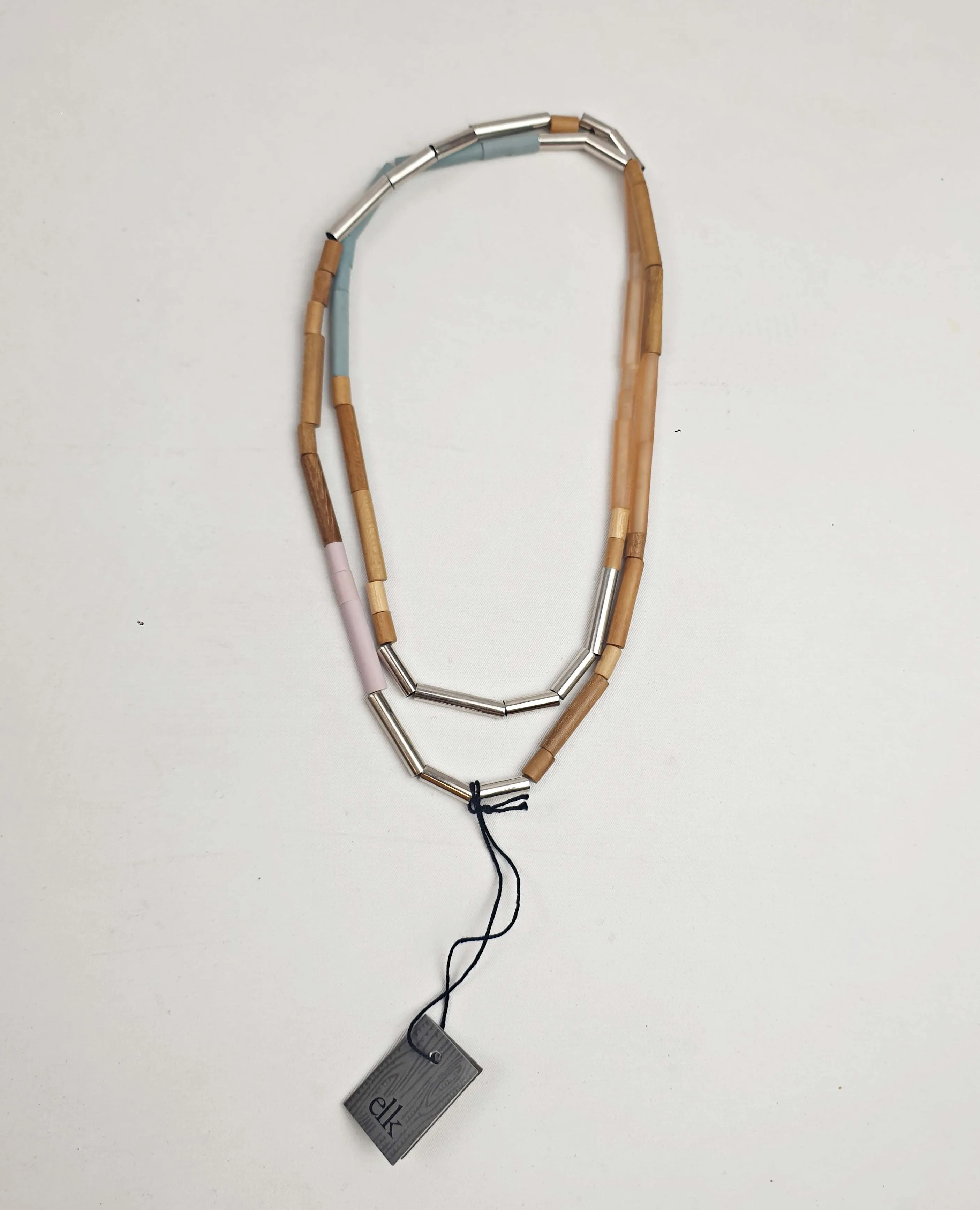 Elk wood, silver and colourful long thin beaded necklace