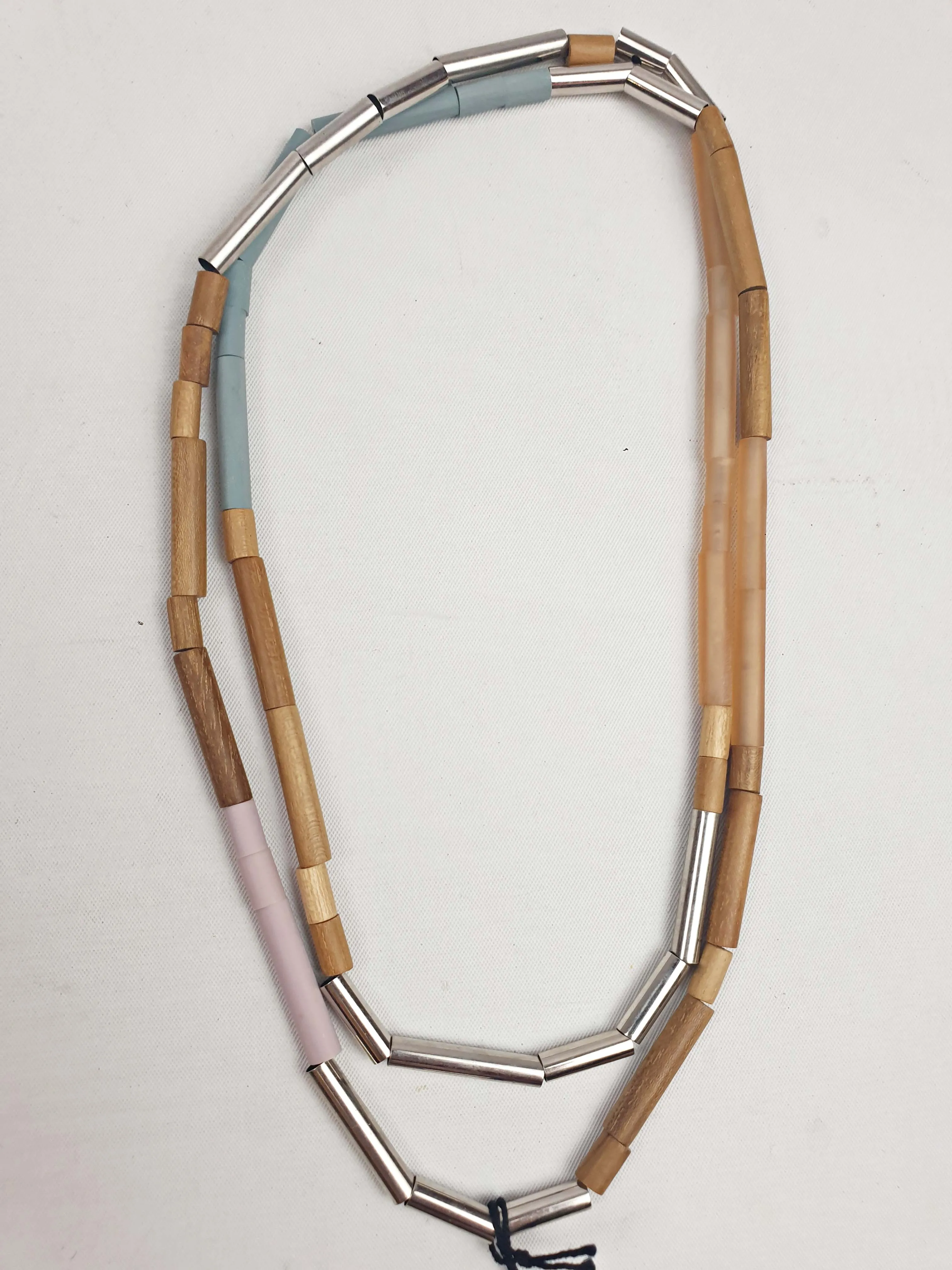Elk wood, silver and colourful long thin beaded necklace