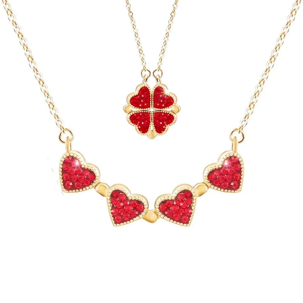 Exquisite Clover Pendant Chain Black and Red Stainless Steel Necklace with Cubic Zirconia Magnet Closure for Women