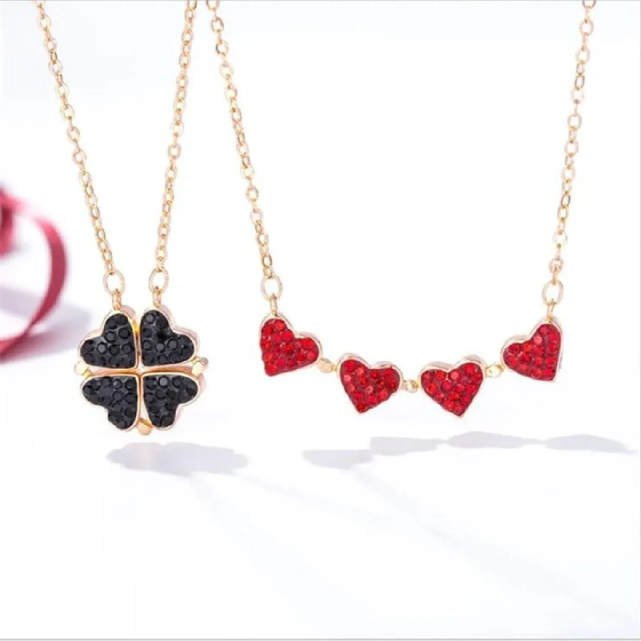 Exquisite Clover Pendant Chain Black and Red Stainless Steel Necklace with Cubic Zirconia Magnet Closure for Women