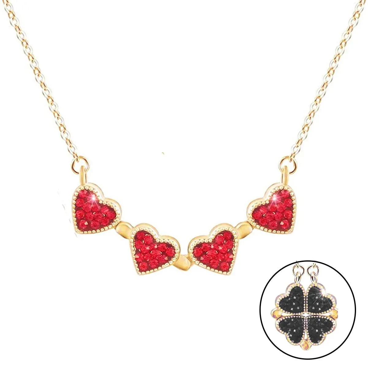 Exquisite Clover Pendant Chain Black and Red Stainless Steel Necklace with Cubic Zirconia Magnet Closure for Women