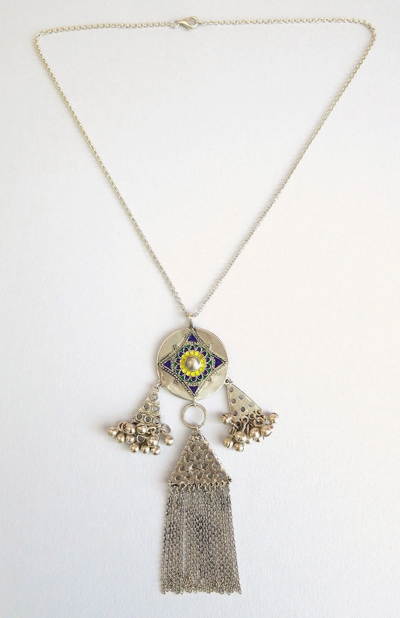 Exquisite, Himachali long pendant necklace with enamel work and fringe