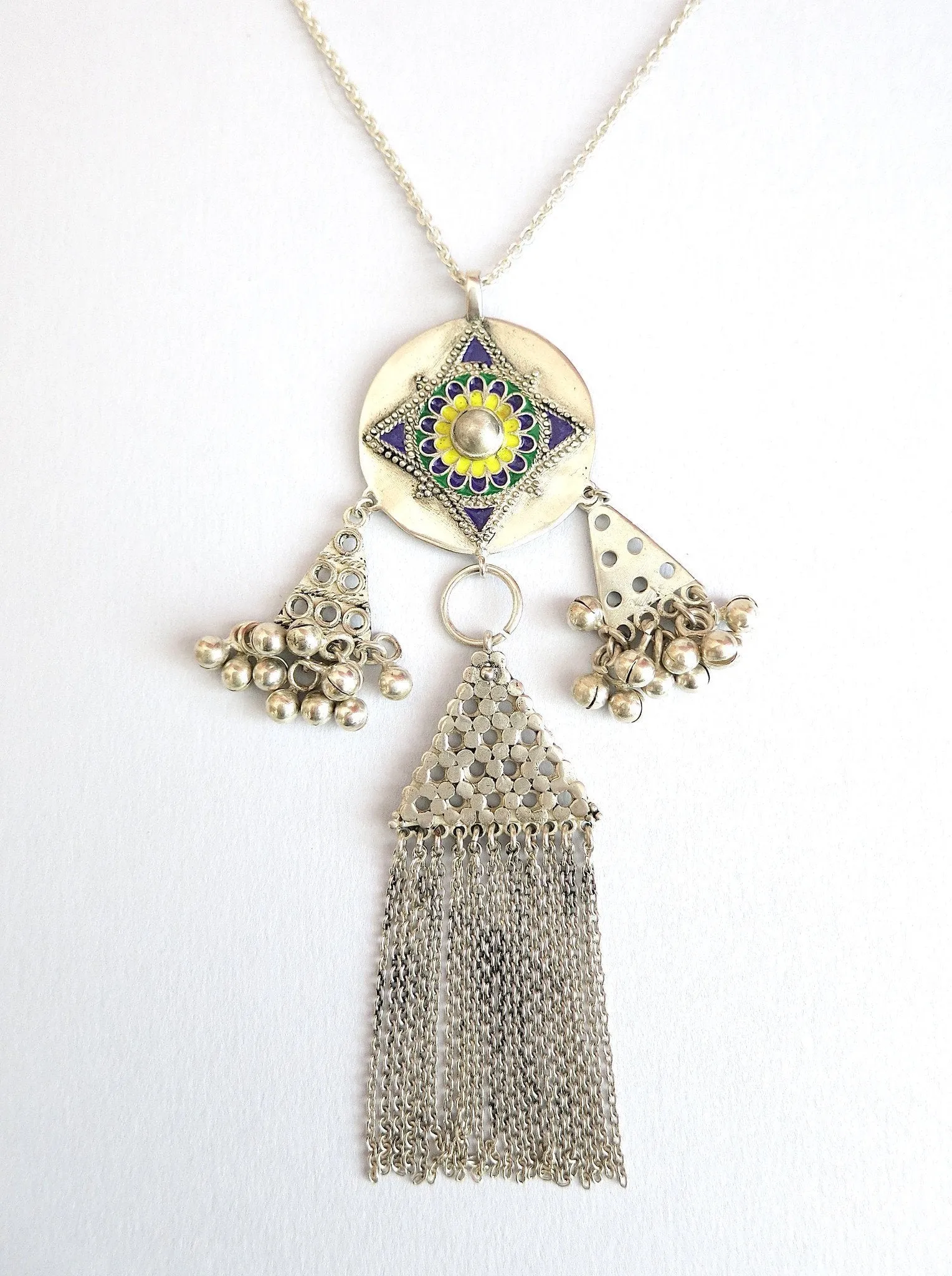 Exquisite, Himachali long pendant necklace with enamel work and fringe