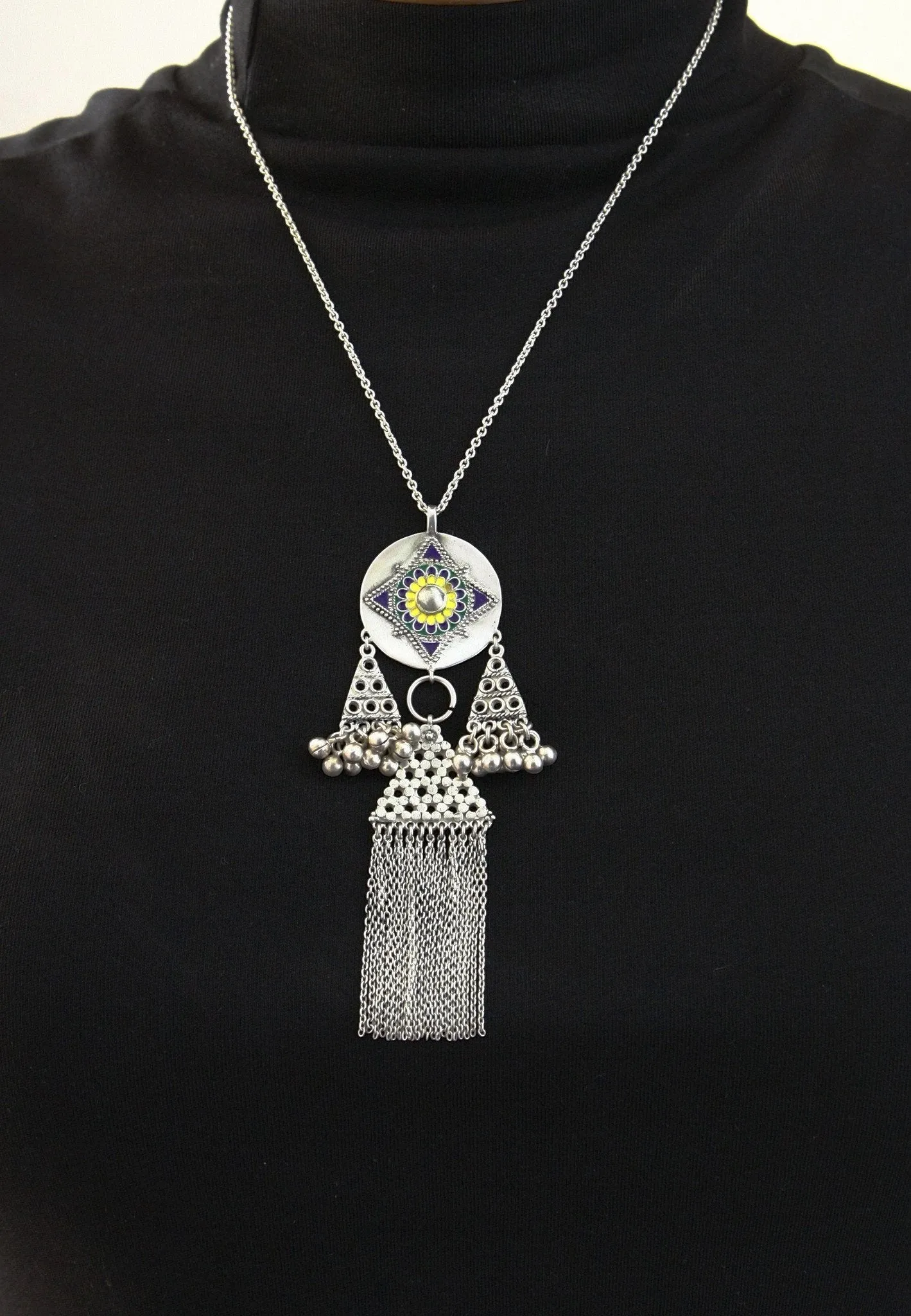 Exquisite, Himachali long pendant necklace with enamel work and fringe