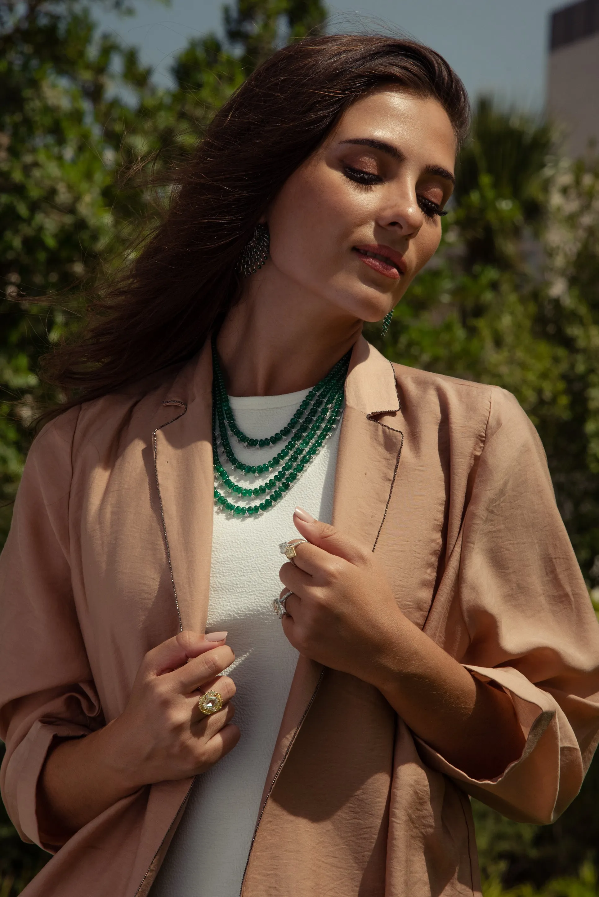 Four Line Emerald Bead & Diamond Dome Necklace