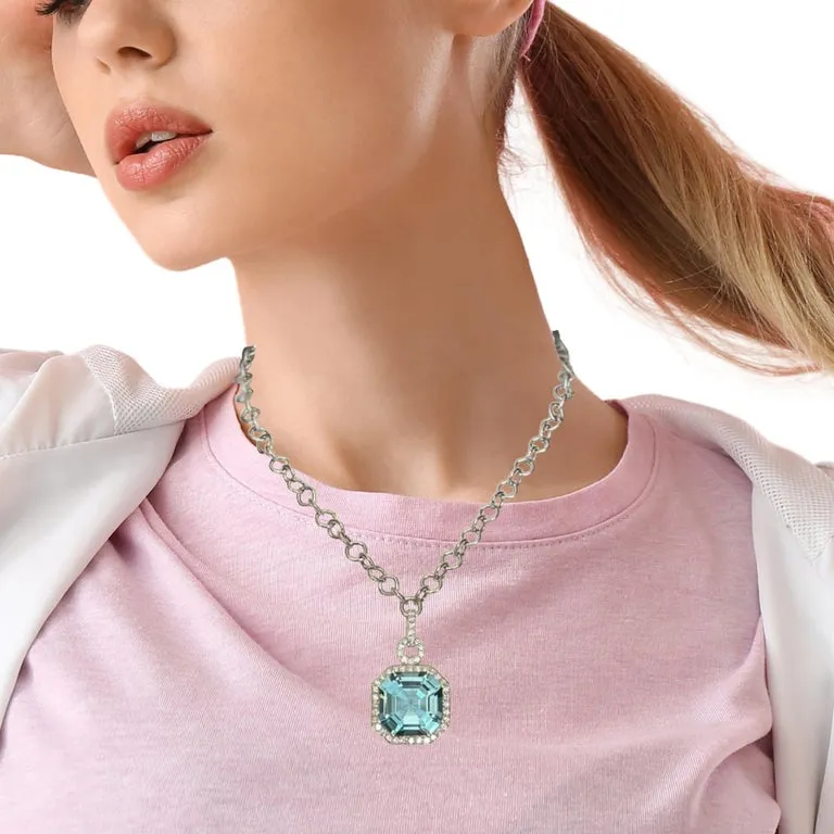 GIA Certified 23 Carat Aquamarine and Diamond Necklace in White and Yellow Gold