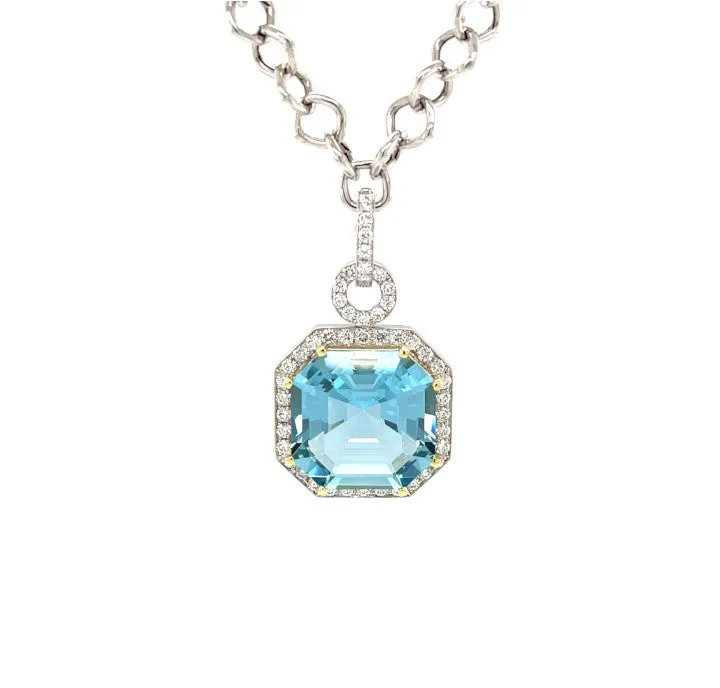 GIA Certified 23 Carat Aquamarine and Diamond Necklace in White and Yellow Gold