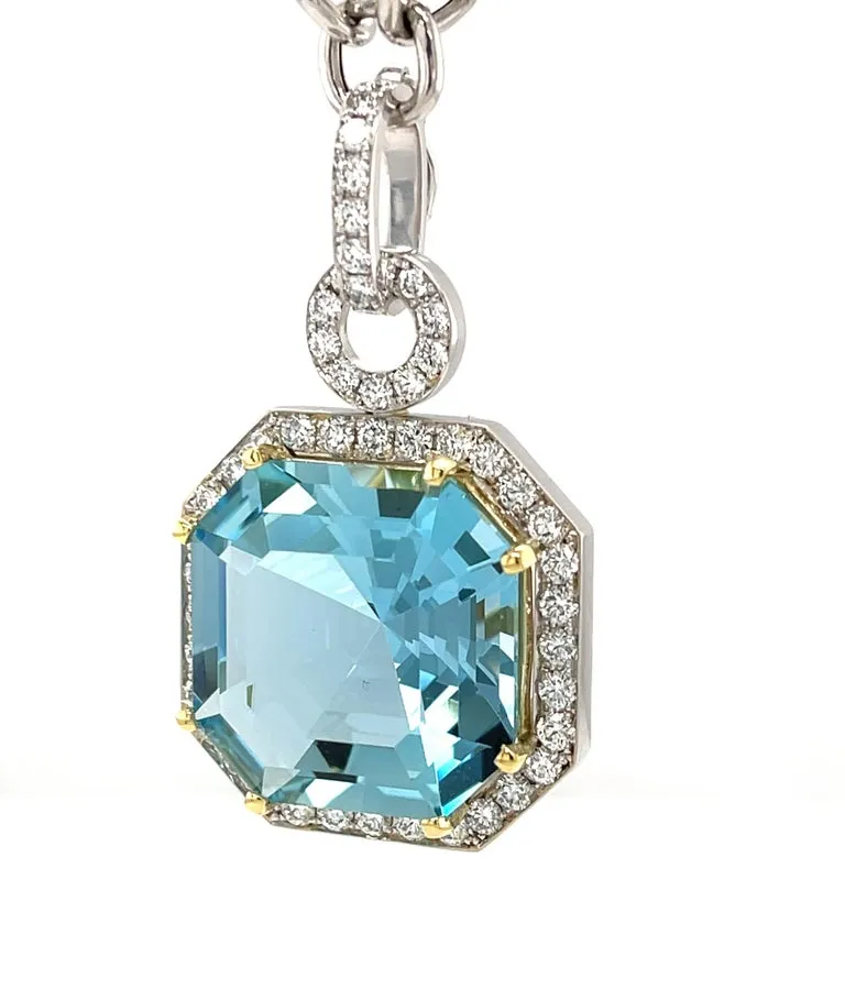 GIA Certified 23 Carat Aquamarine and Diamond Necklace in White and Yellow Gold