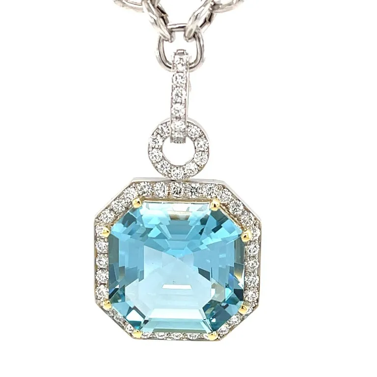 GIA Certified 23 Carat Aquamarine and Diamond Necklace in White and Yellow Gold
