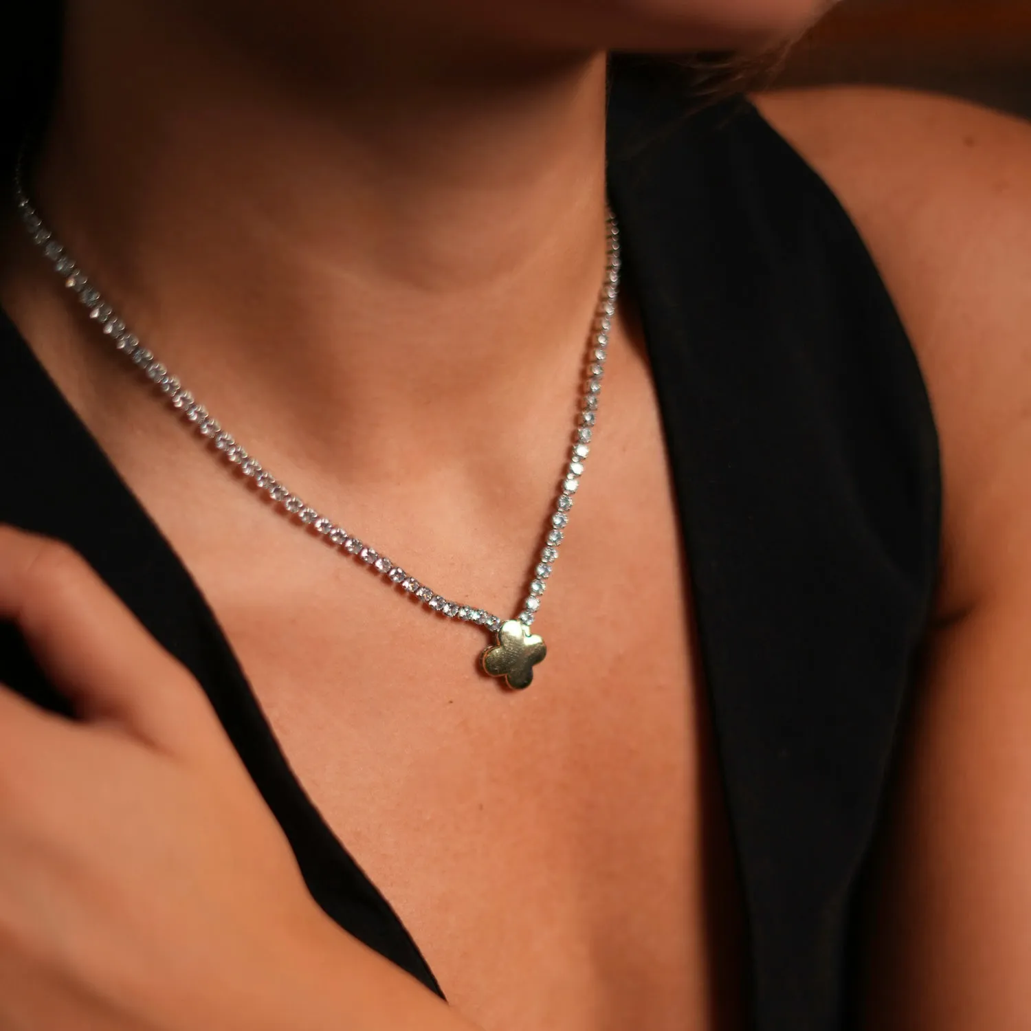 Gold Clover Pendant Diamond Tennis Necklace