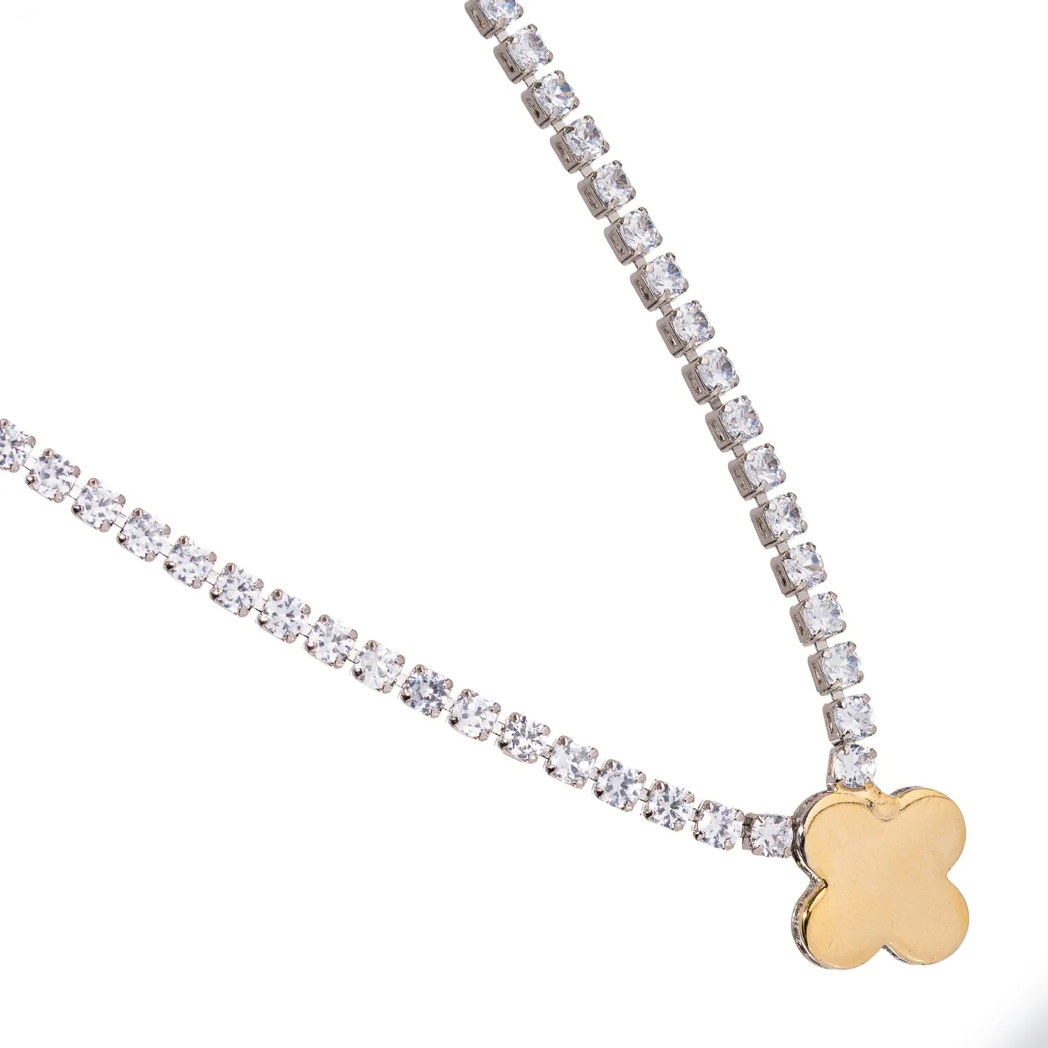 Gold Clover Pendant Diamond Tennis Necklace
