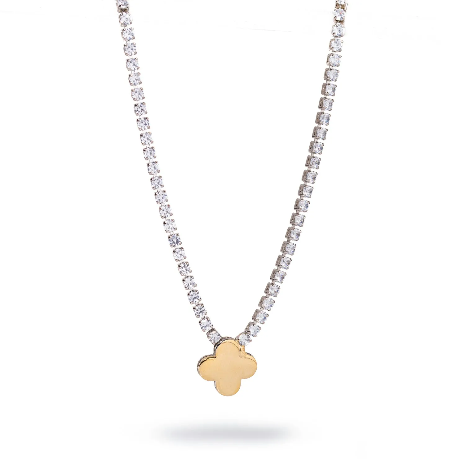 Gold Clover Pendant Diamond Tennis Necklace