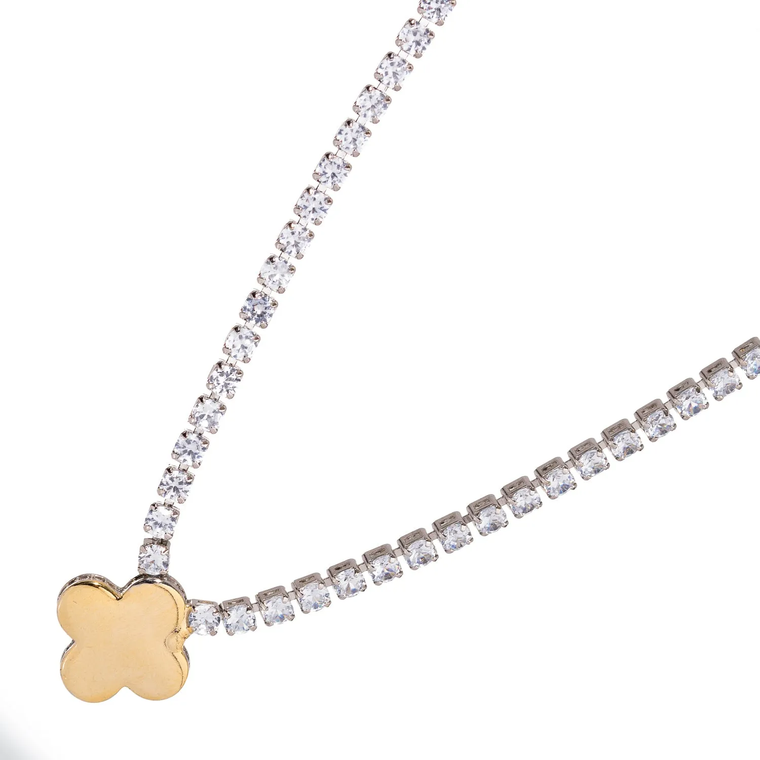 Gold Clover Pendant Diamond Tennis Necklace