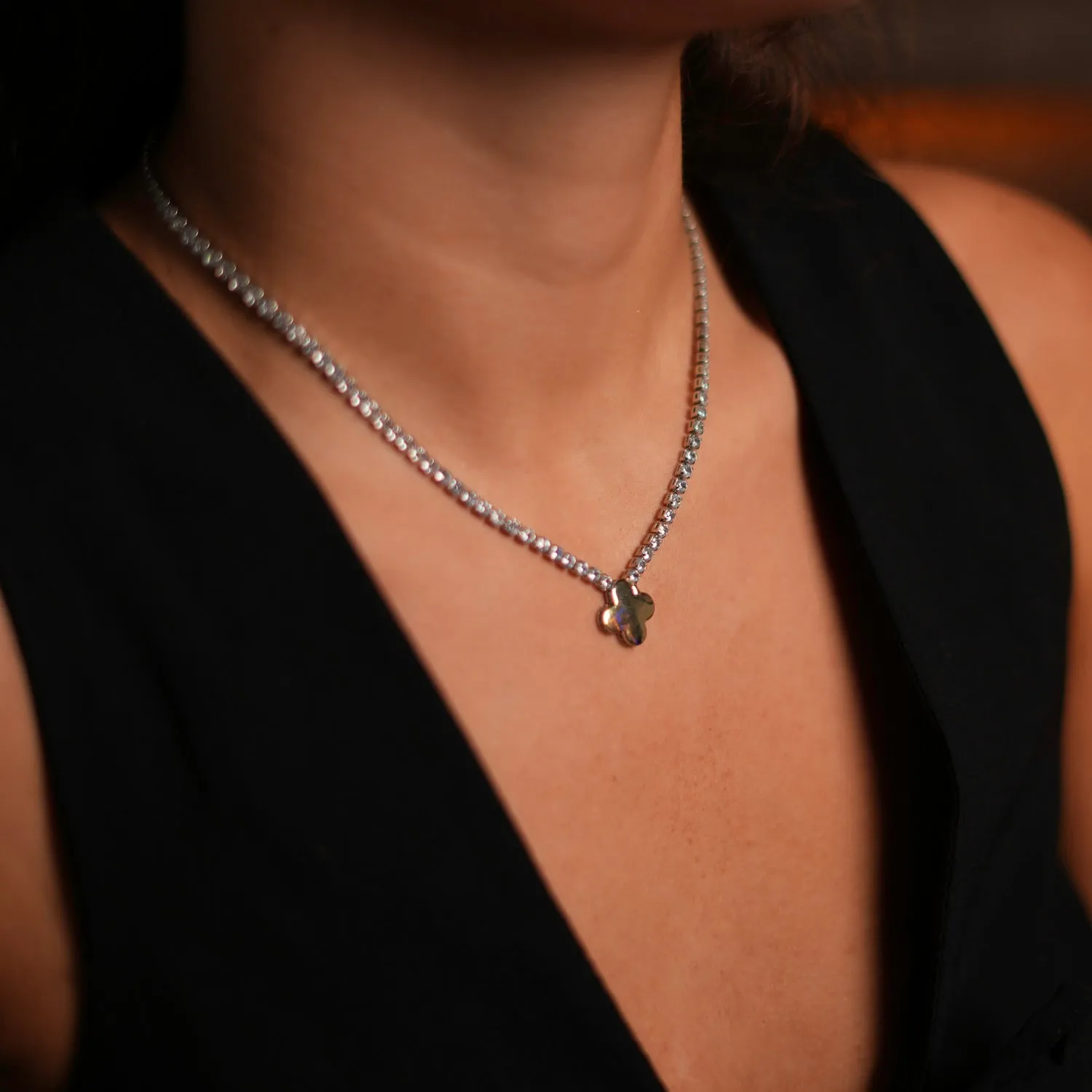 Gold Clover Pendant Diamond Tennis Necklace