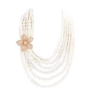 Gold Cream Pearl and Crystal Flower layer Necklace #FW1404424(Infront-RA6-line steel rack)