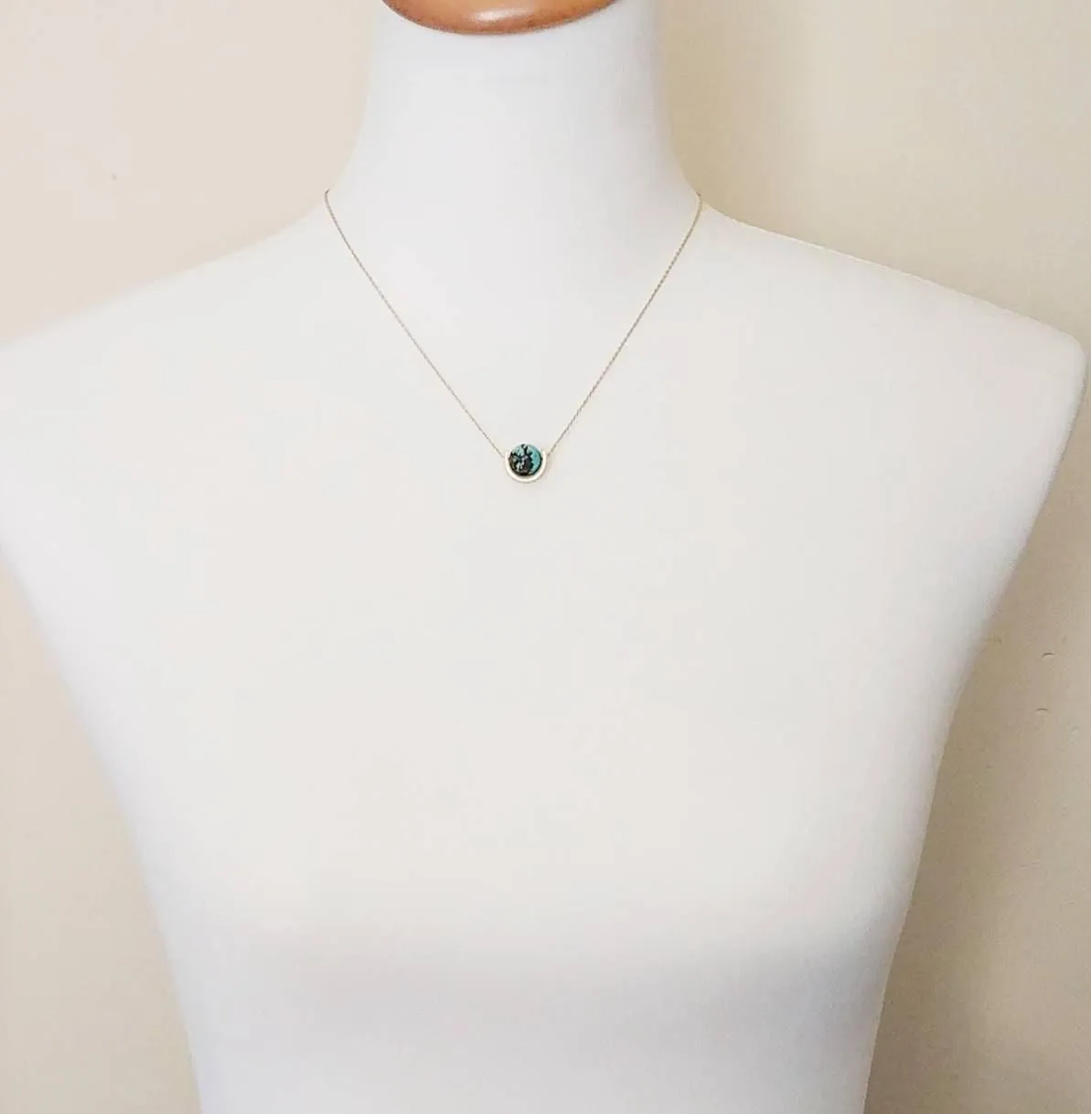 Gold Eclipse Necklace, turquoise blue stone, howlite necklace, brown black veining, round gemstone necklace, gold semicircle pendant, modern