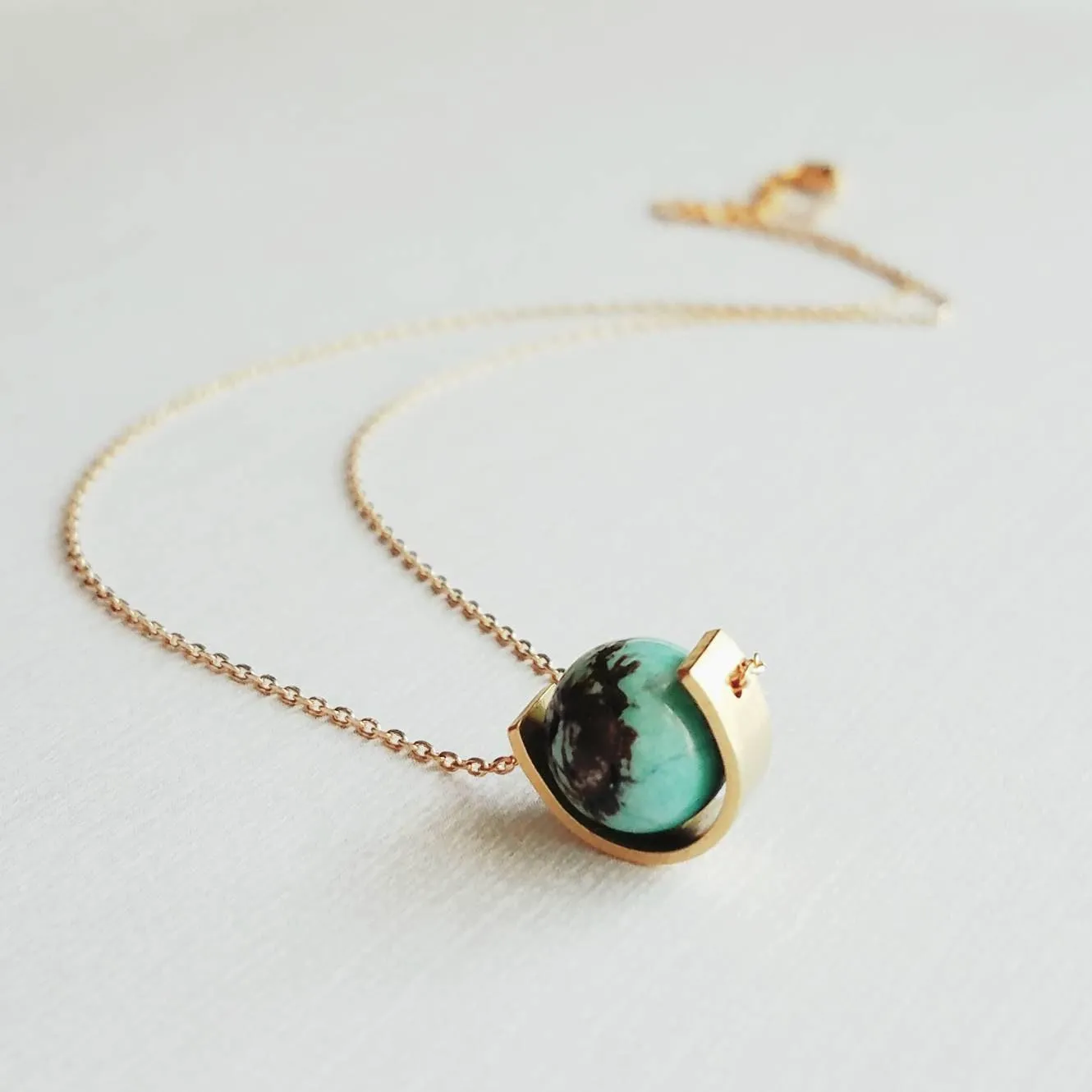 Gold Eclipse Necklace, turquoise blue stone, howlite necklace, brown black veining, round gemstone necklace, gold semicircle pendant, modern