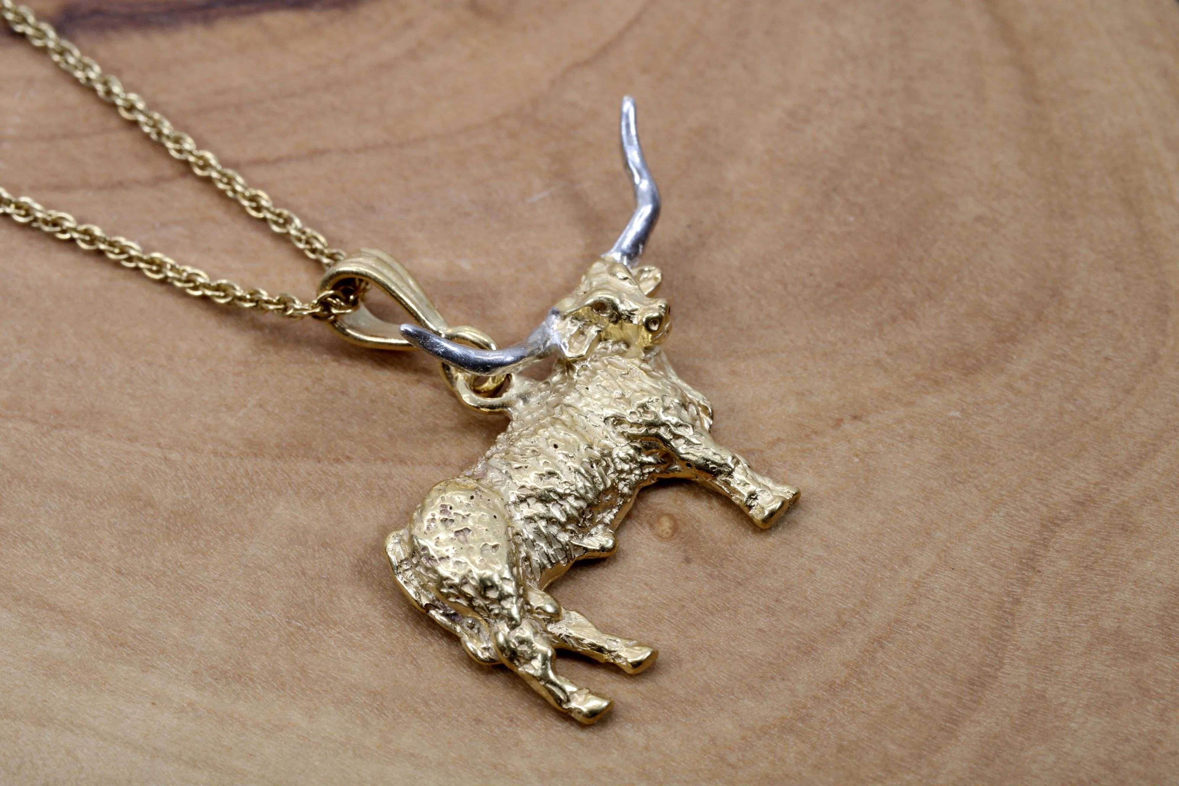 Gold Longhorn Necklace with 14kt Gold Vermeil Longhorn Body and Silver Horns