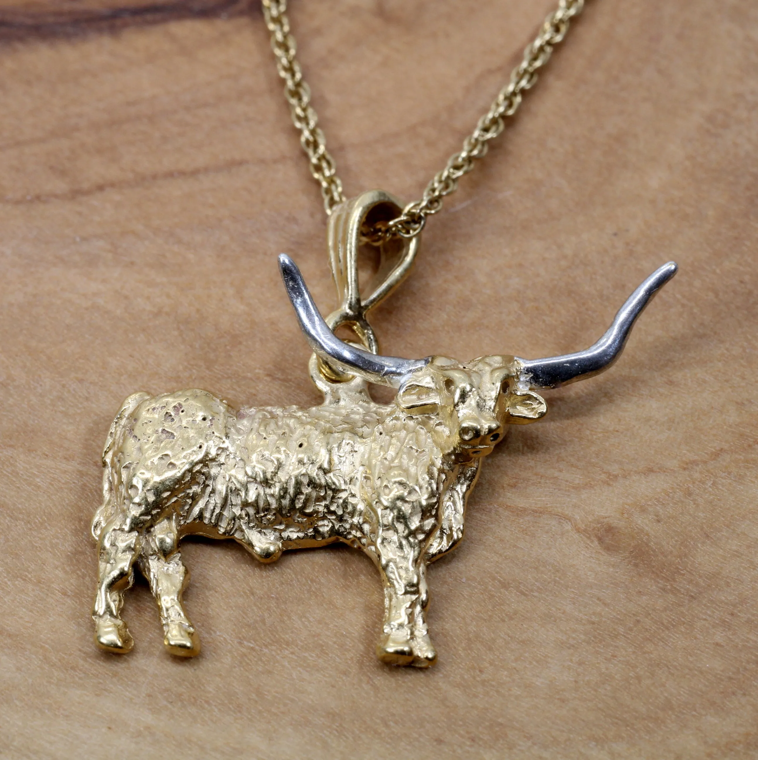 Gold Longhorn Necklace with 14kt Gold Vermeil Longhorn Body and Silver Horns
