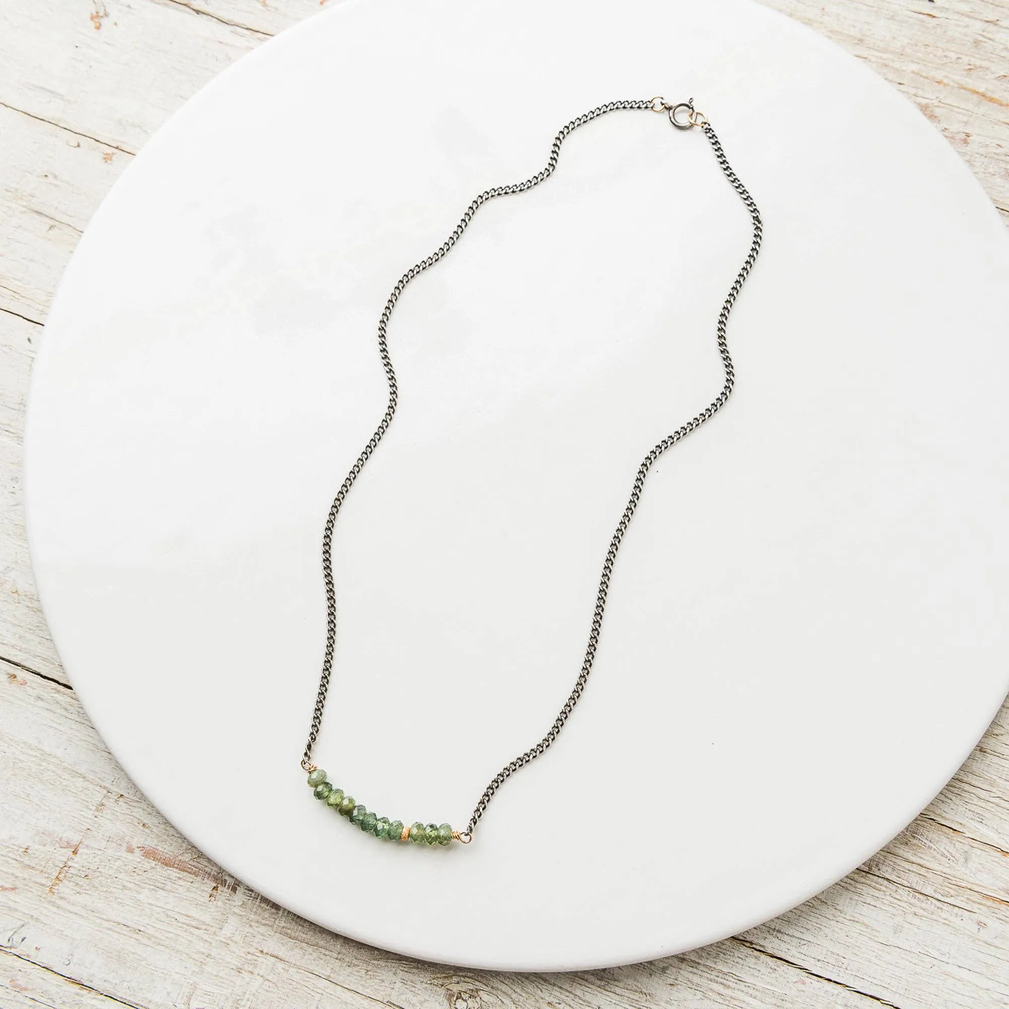 Green Apatite Arch Necklace on Sterling Silver Curb Chain and Ring Clasp