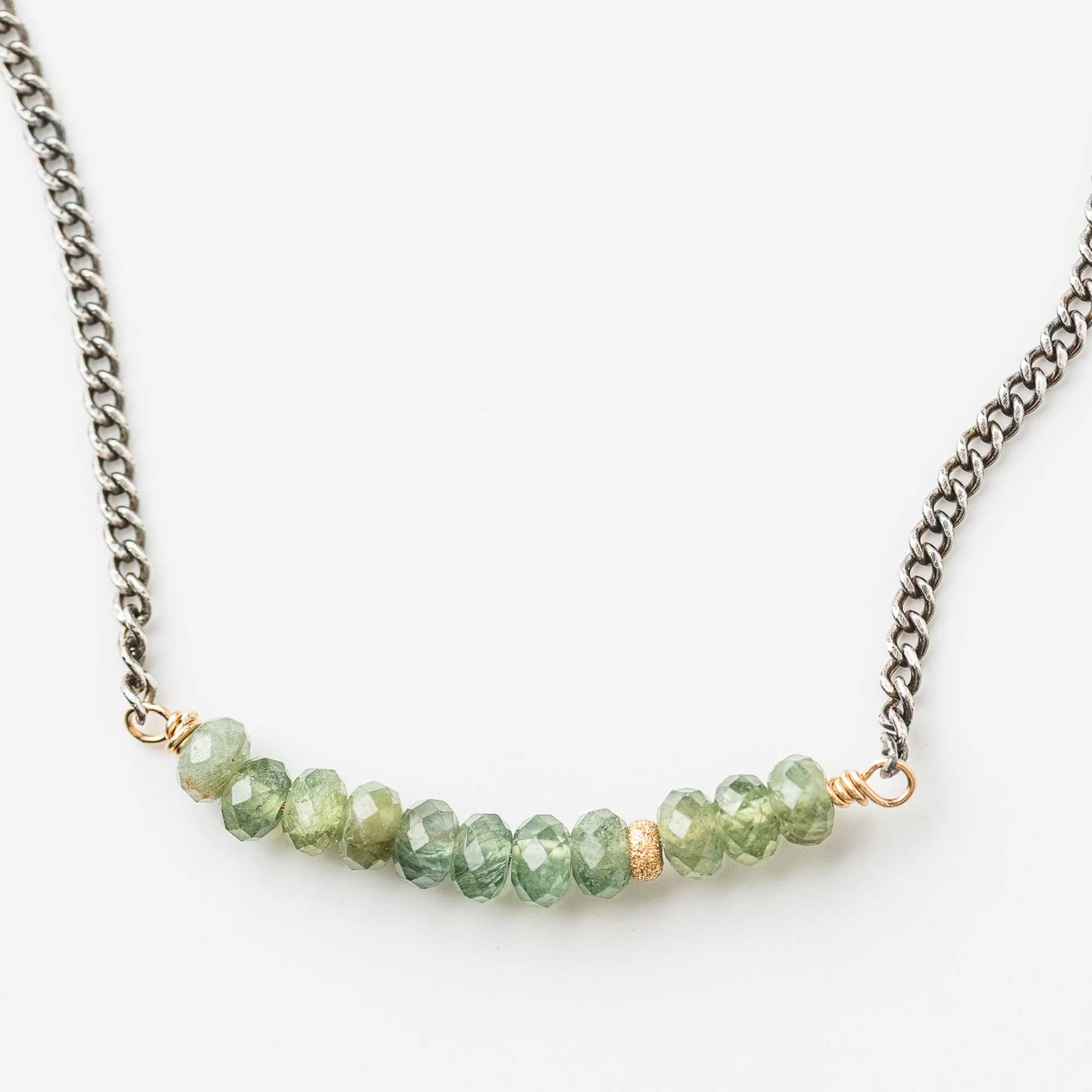Green Apatite Arch Necklace on Sterling Silver Curb Chain and Ring Clasp