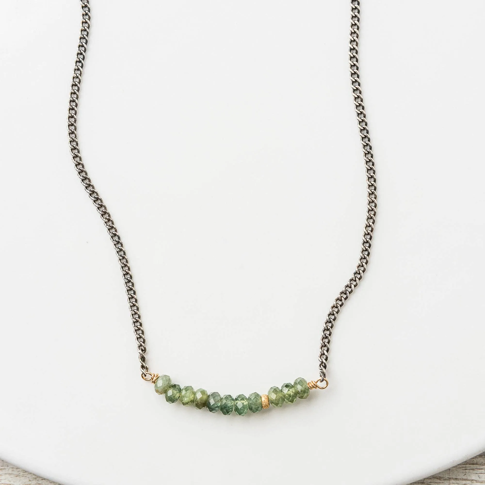 Green Apatite Arch Necklace on Sterling Silver Curb Chain and Ring Clasp